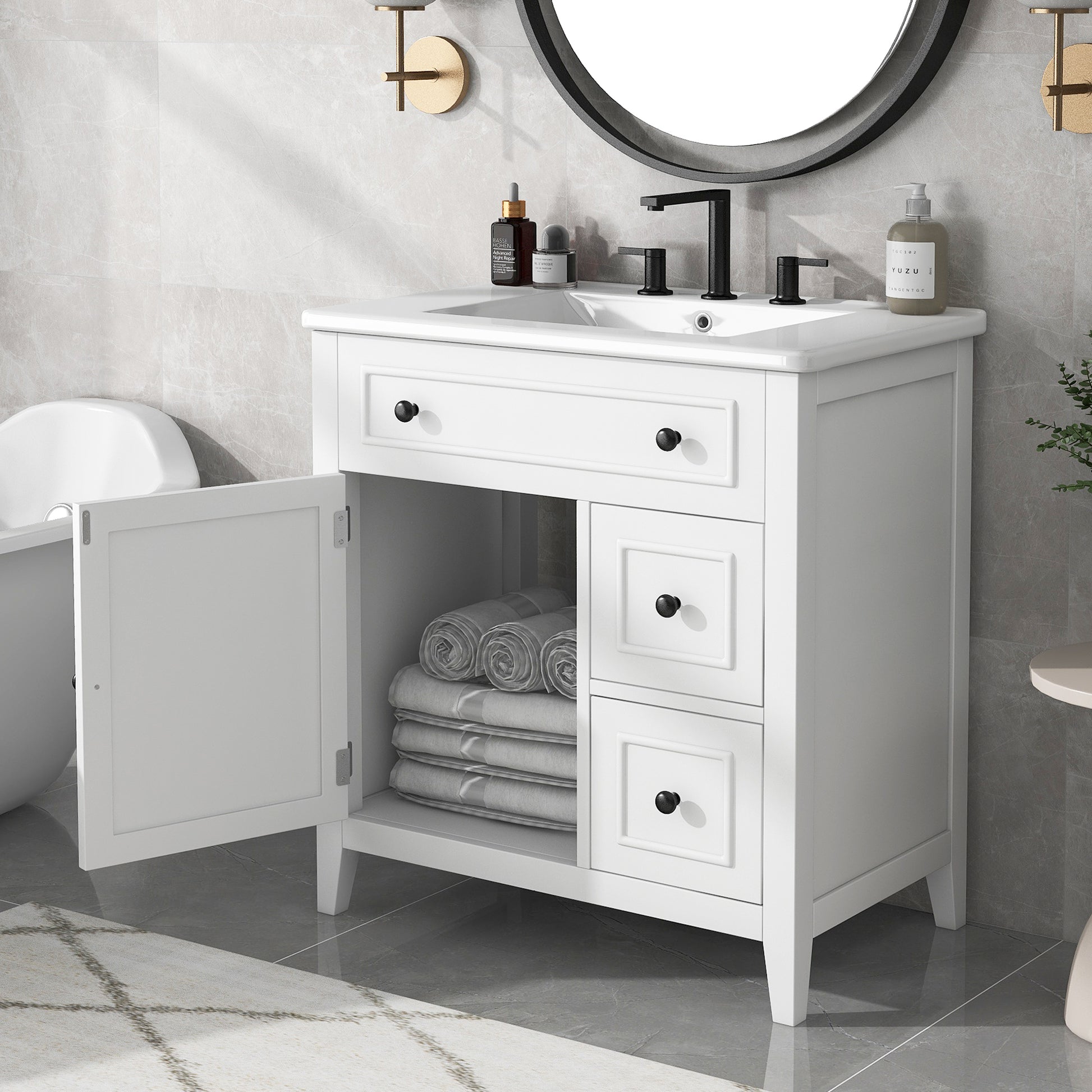 30" Bathroom Vanity With Sink Top, Bathroom Vanity Cabinet With Door And Two Drawers, Solid Wood Frame, One Package, White Old Sku:Wf311620Aak White Solid Wood Mdf