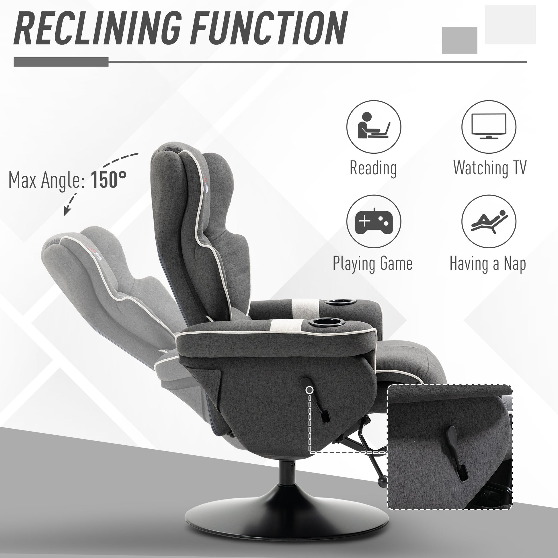 Manual Recliner, Swivel Lounge Armchair With Footrest And Two Cup Holders For Living Room, Black Black Linen