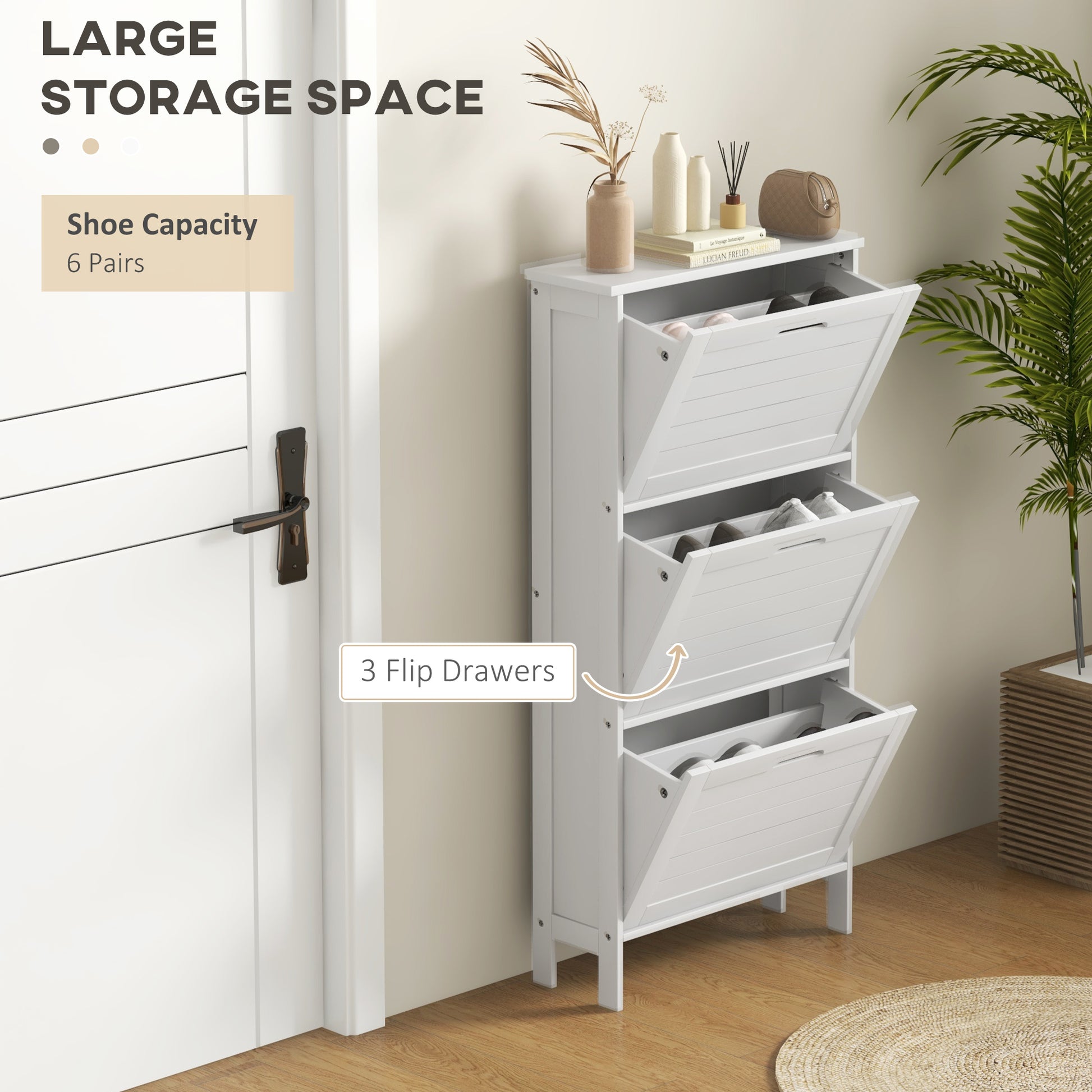 Narrow Shoe Storage Cabinet For Entryway With 3 Flip Drawers, Slim Shoe Rack Organizer With Louvered Doors For 6 Pairs Of Shoes, White White Mdf