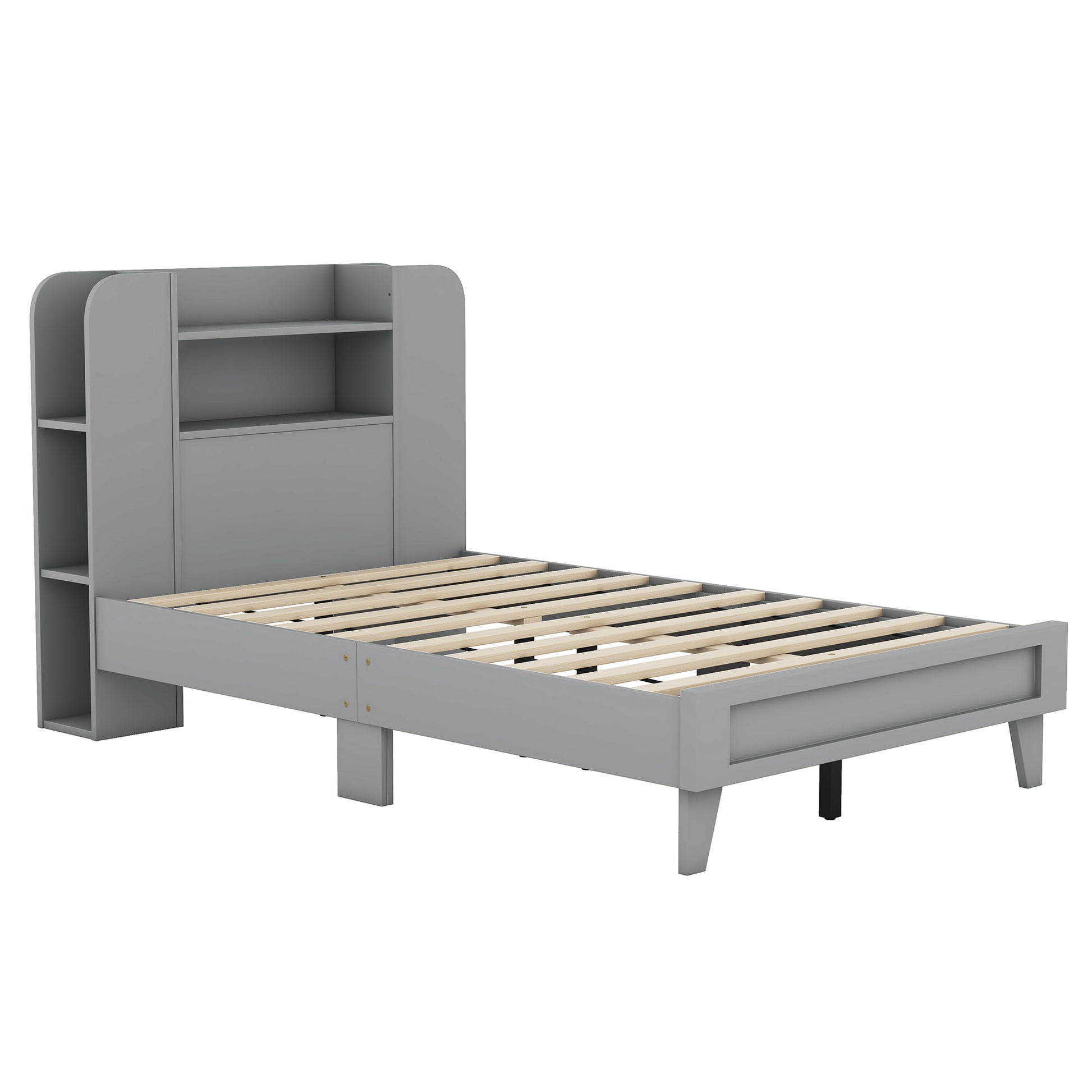 Twin Size Platform Bed With Storage Headboard,Multiple Storage Shelves On Both Sides,Grey Grey Wood