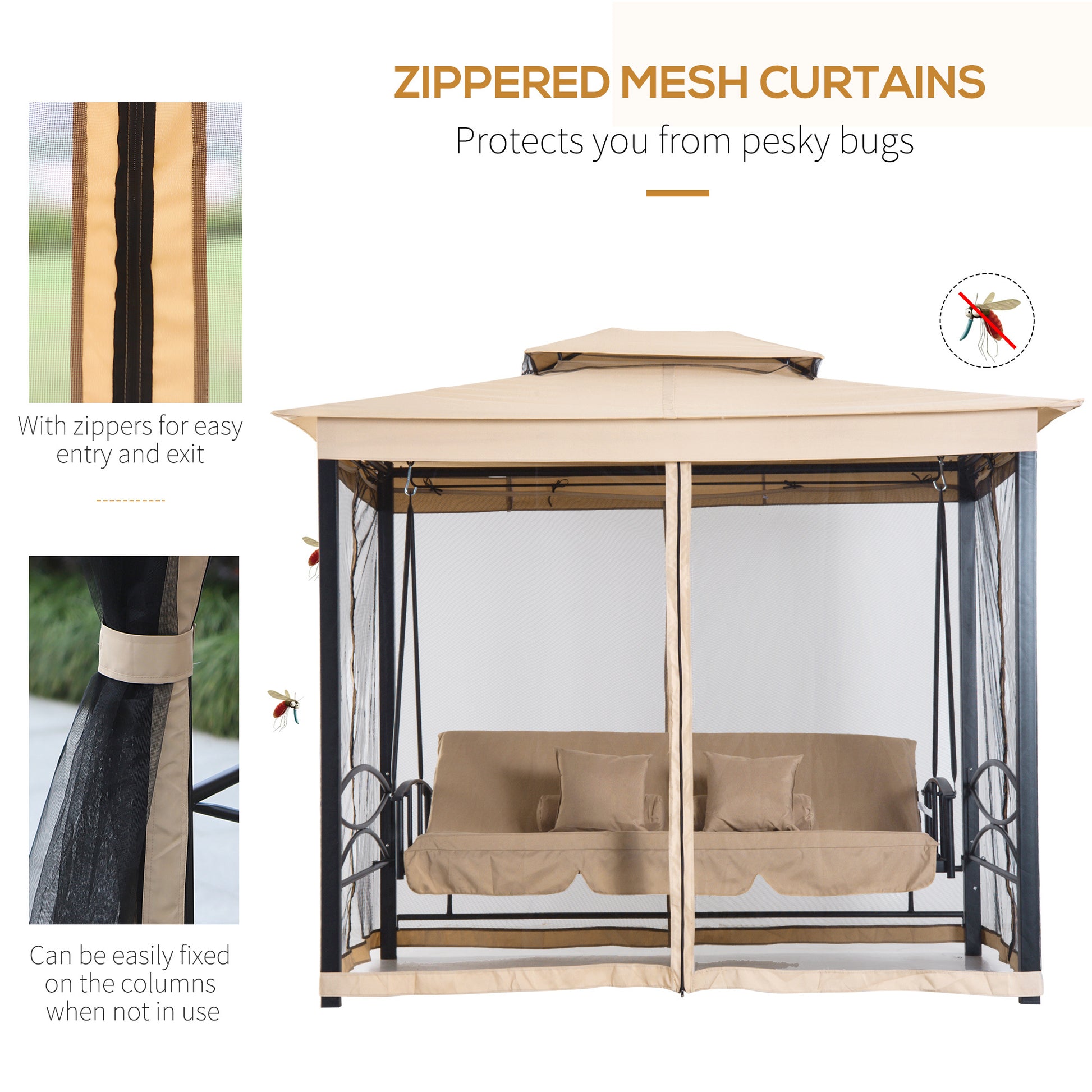 3 Seat Patio Swing Chair, Outdoor Gazebo Swing With Double Tier Canopy, Mesh Sidewalls, Cushioned Seat And Pillows, Beige Beige Steel