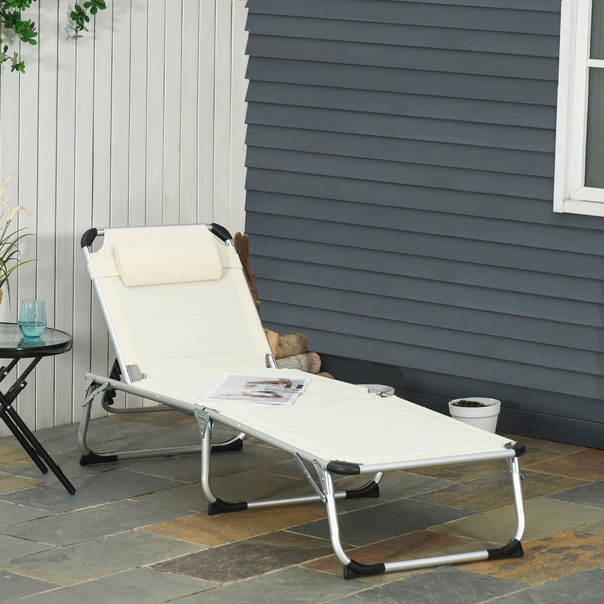 Foldable Outdoor Chaise Lounge Chair, 5 Level Reclining Camping Tanning Chair With Aluminum Frame, Padding, And Headrest For Beach, Yard, Patio, Pool, White White Aluminium