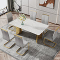 Modern Minimalist Dining Table. The White Imitation Marble Glass Desktop Is Equipped With Golden Metal Legs. Suitable For Restaurants And Living Rooms 71 