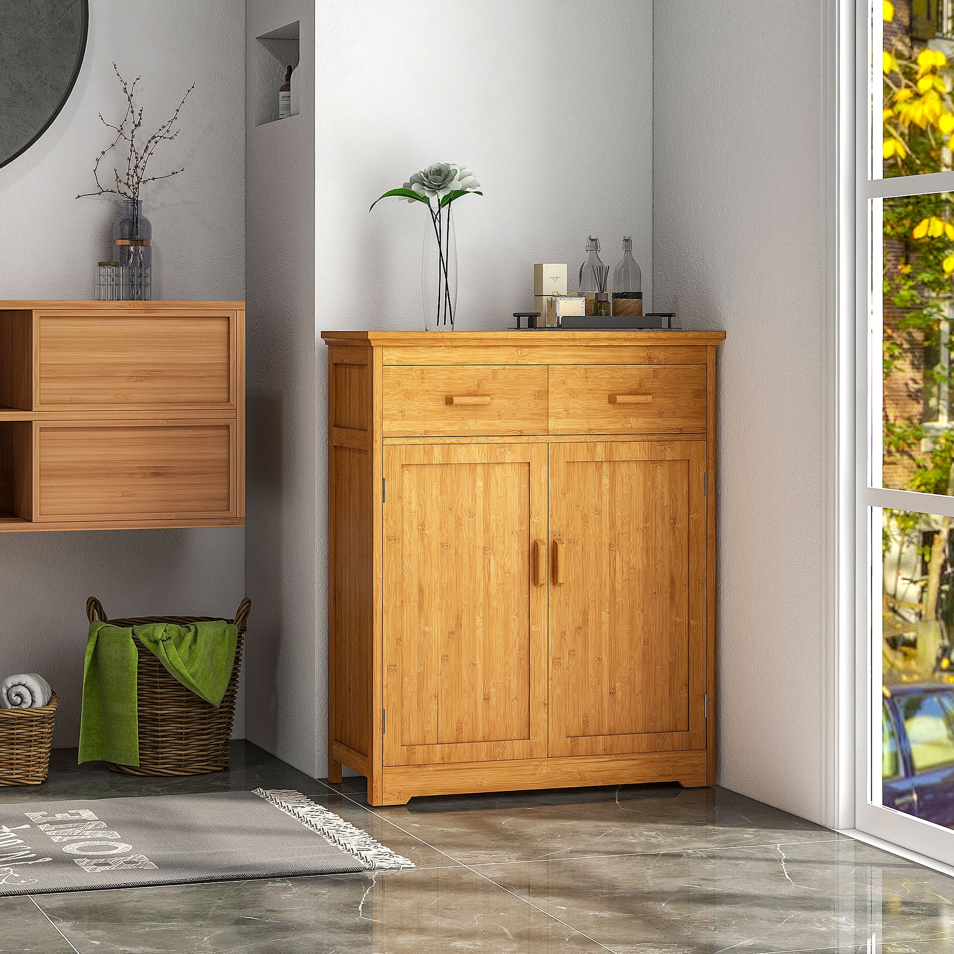 Bathroom Storage Cabinet, Bamboo Floor Cabinet With Drawers, Double Doors And Adjustable Shelves, Natural Natural Wood Bamboo