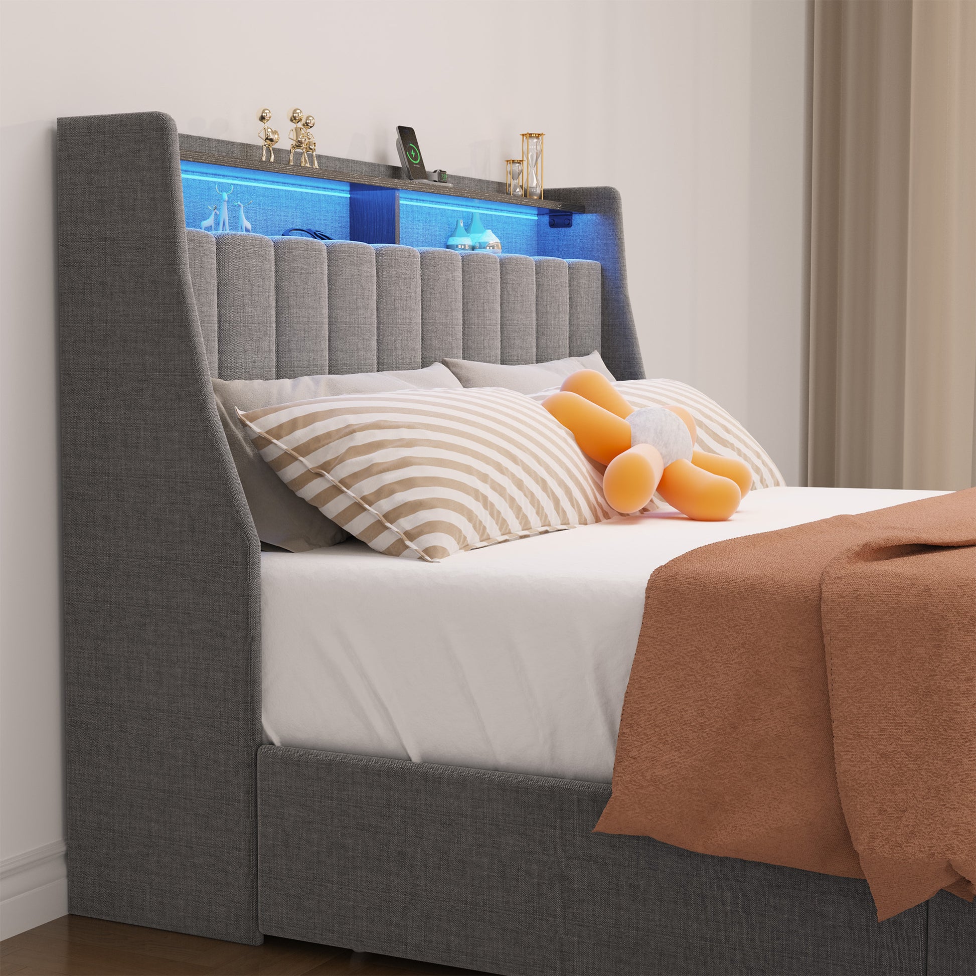 Queen Size Bed Frame With Led, 4 Under Bed Portable Storage Drawers, Wings Headboard Design, Light Grey Box Spring Not Required Queen Light Grey Metal Bedroom Bed Frame Upholstered Linen Upholstered
