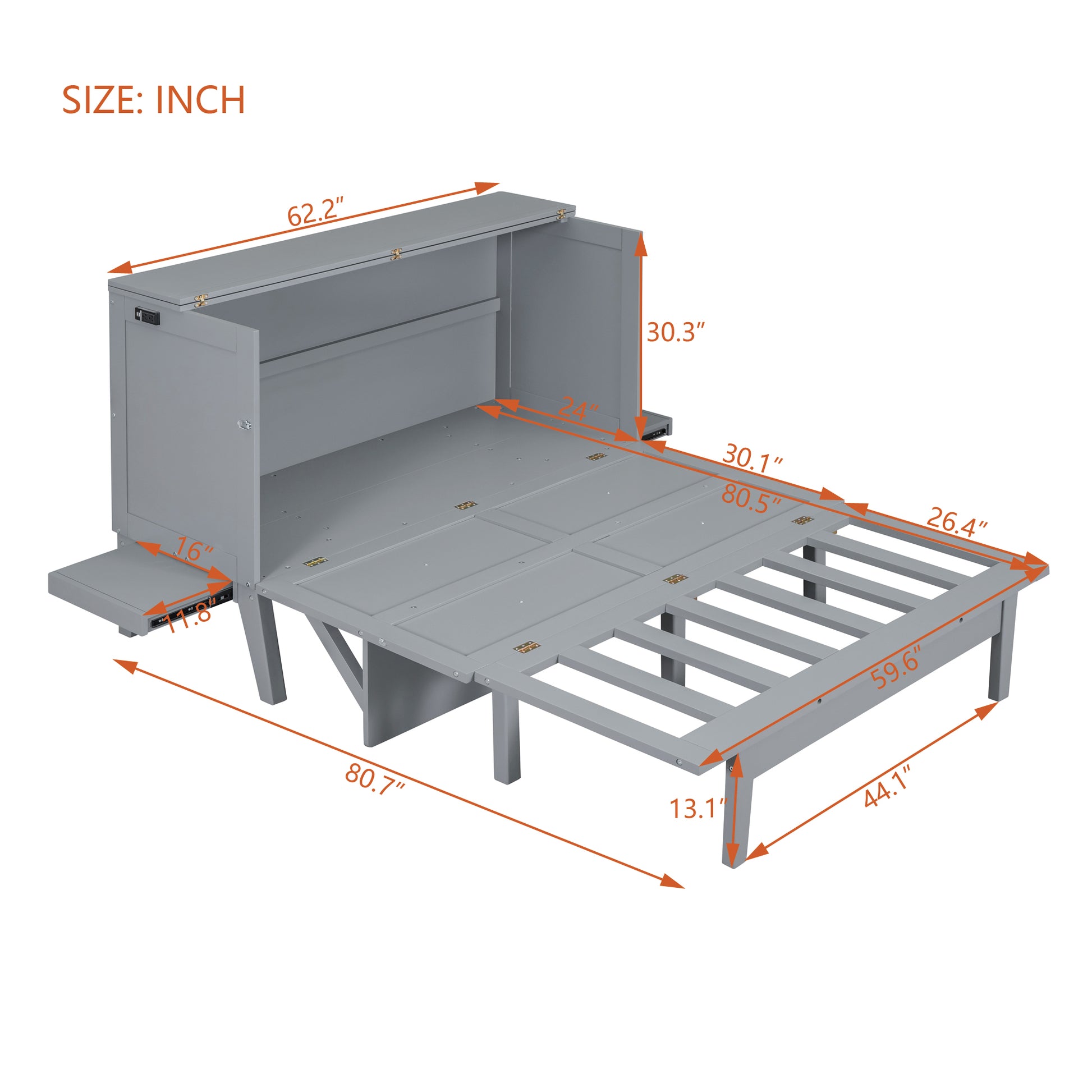 Queen Size Murphy Bed With Usb Port And Removable Shelves On Each Side,Gray Gray Solid Wood Mdf