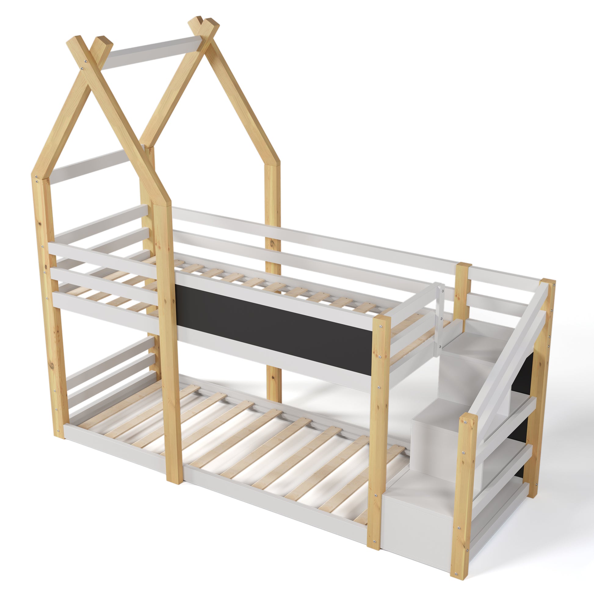 Twin Over Twin House Bunk Bed With White Storage Staircase And Blackboard, White And Natural Box Spring Not Required Twin White Bed Frame Pine