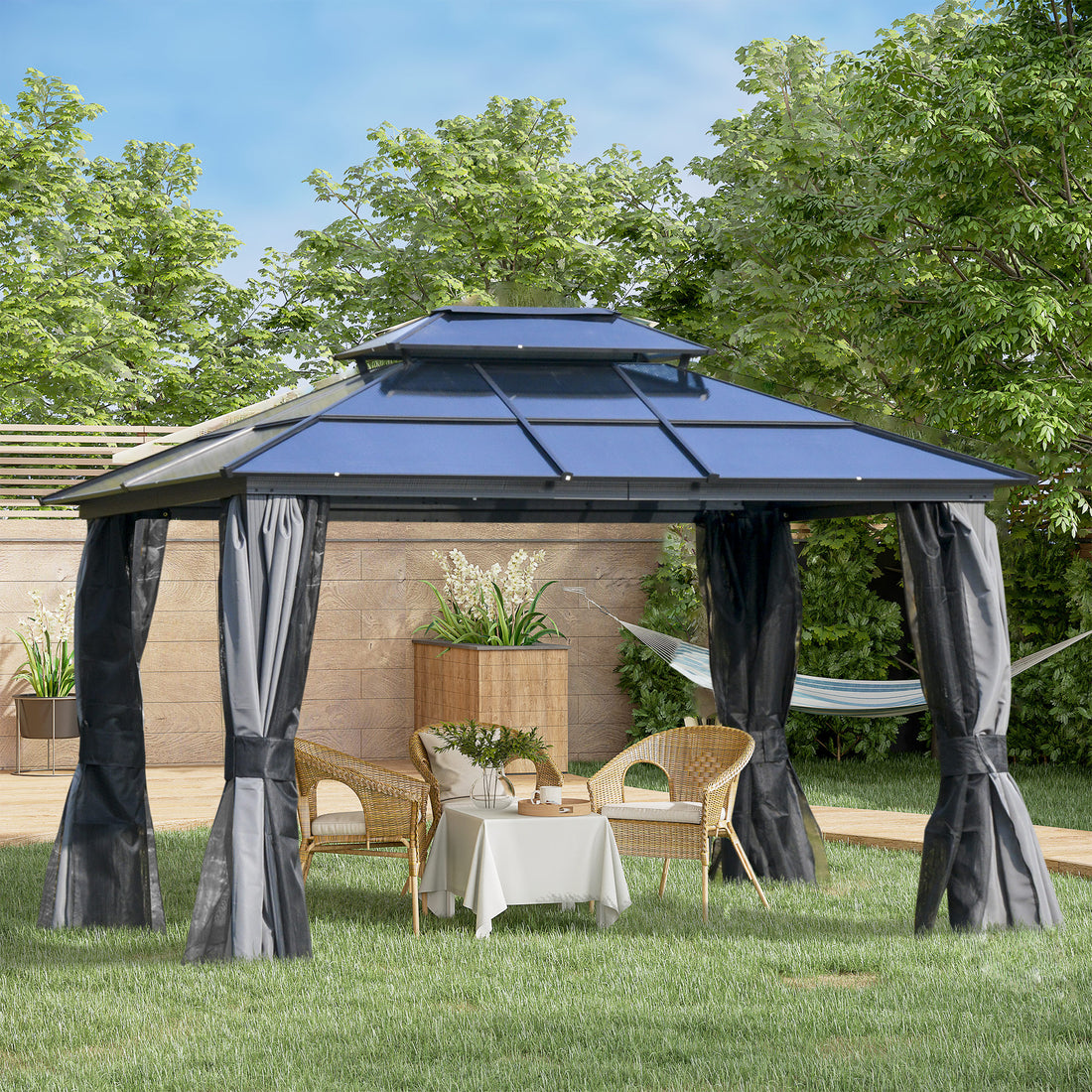 10' X 12' Hardtop Gazebo Canopy With Polycarbonate Double Roof, Aluminum Frame, Permanent Pavilion Outdoor Gazebo With Netting And Curtains For Patio, Garden, Backyard, Deck, Lawn, Gray Gray Steel