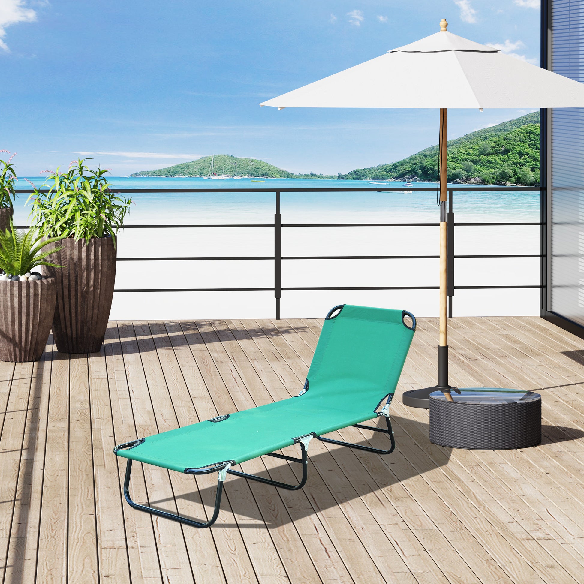 Foldable Outdoor Chaise Lounge Chair, 5 Level Reclining Camping Tanning Chair With Strong Oxford Fabric For Beach, Yard, Patio, Pool, Green Green Steel