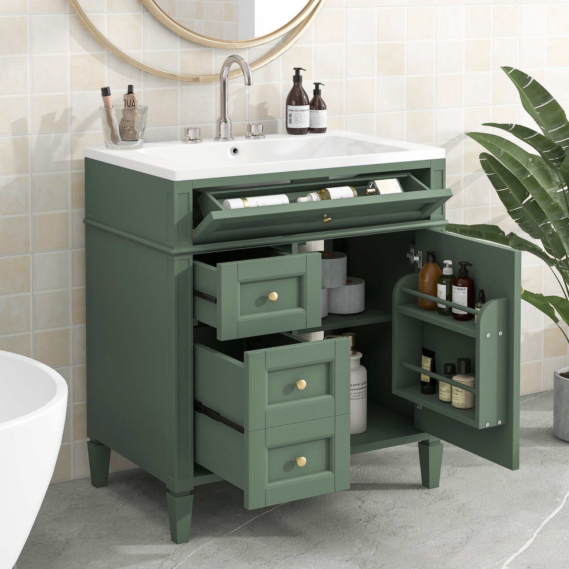 30'' Bathroom Vanity With Top Sink, Modern Bathroom Storage Cabinet With 2 Drawers And A Tip Out Drawer, Single Sink Bathroom Vanity Same As Sw000103Aaf Green Mdf