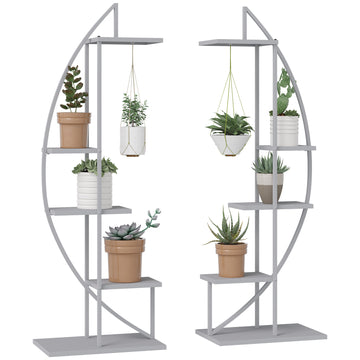 5 Tier Metal Plant Stand With Hangers, Half Moon Shape Flower Pot Display Shelf For Living Room Patio Garden Balcony Decor, Gray Gray Metal