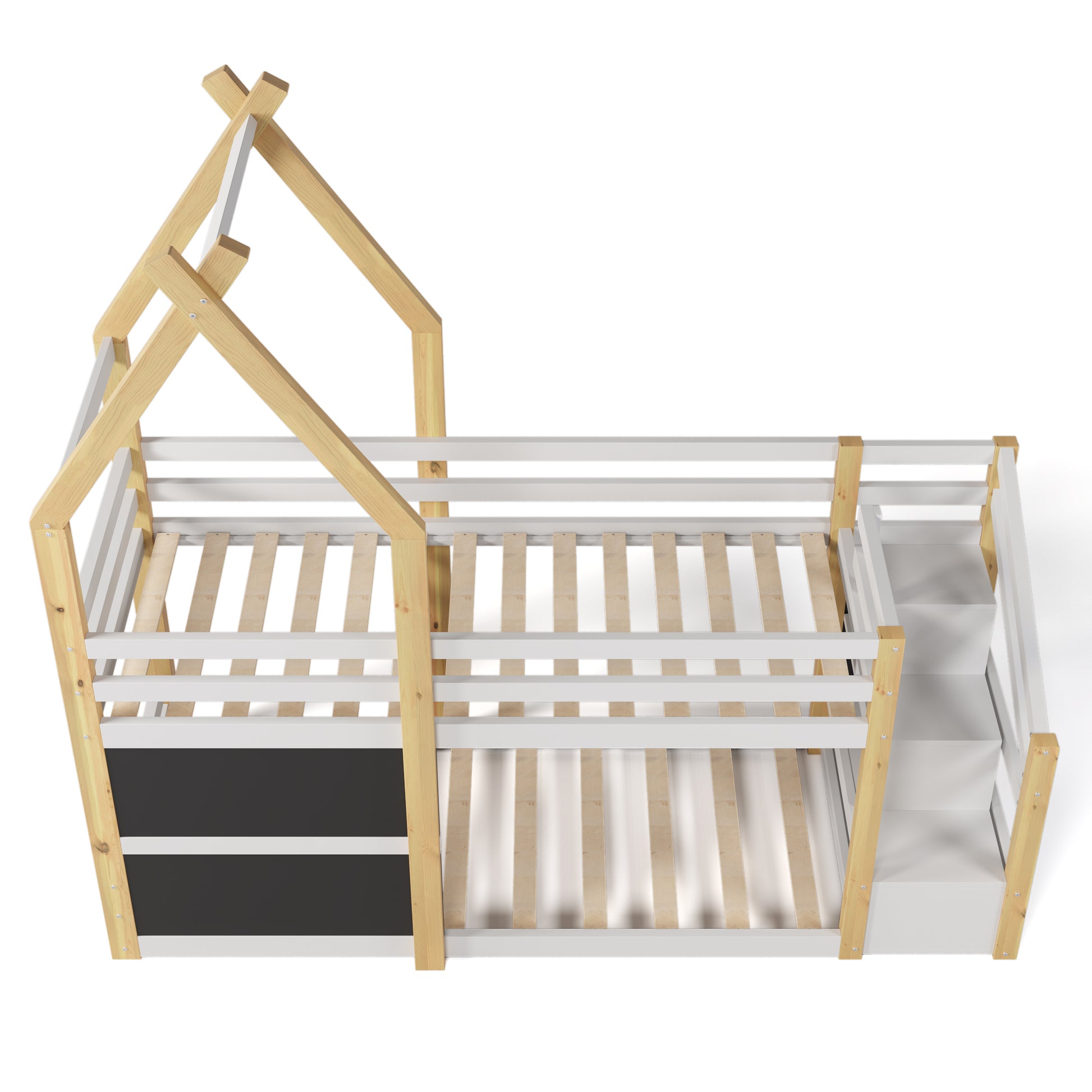 Twin Over Twin House Bunk Bed With White Storage Staircase And 2 Blackboards, White And Natural Box Spring Not Required Twin White Bed Frame Pine