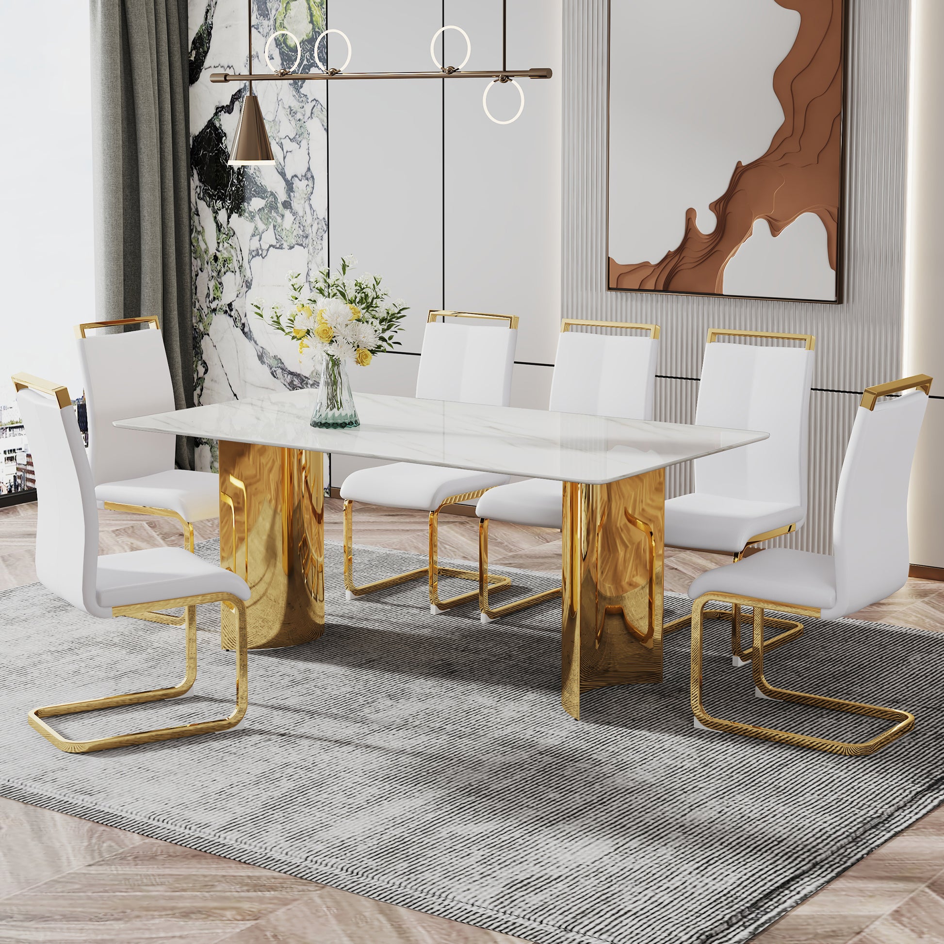 Modern Minimalist Dining Table. The White Imitation Marble Glass Desktop Is Equipped With Golden Metal Legs. Suitable For Restaurants And Living Rooms 71 "* 39.3" * 29.5 "Dt 69 White Glass