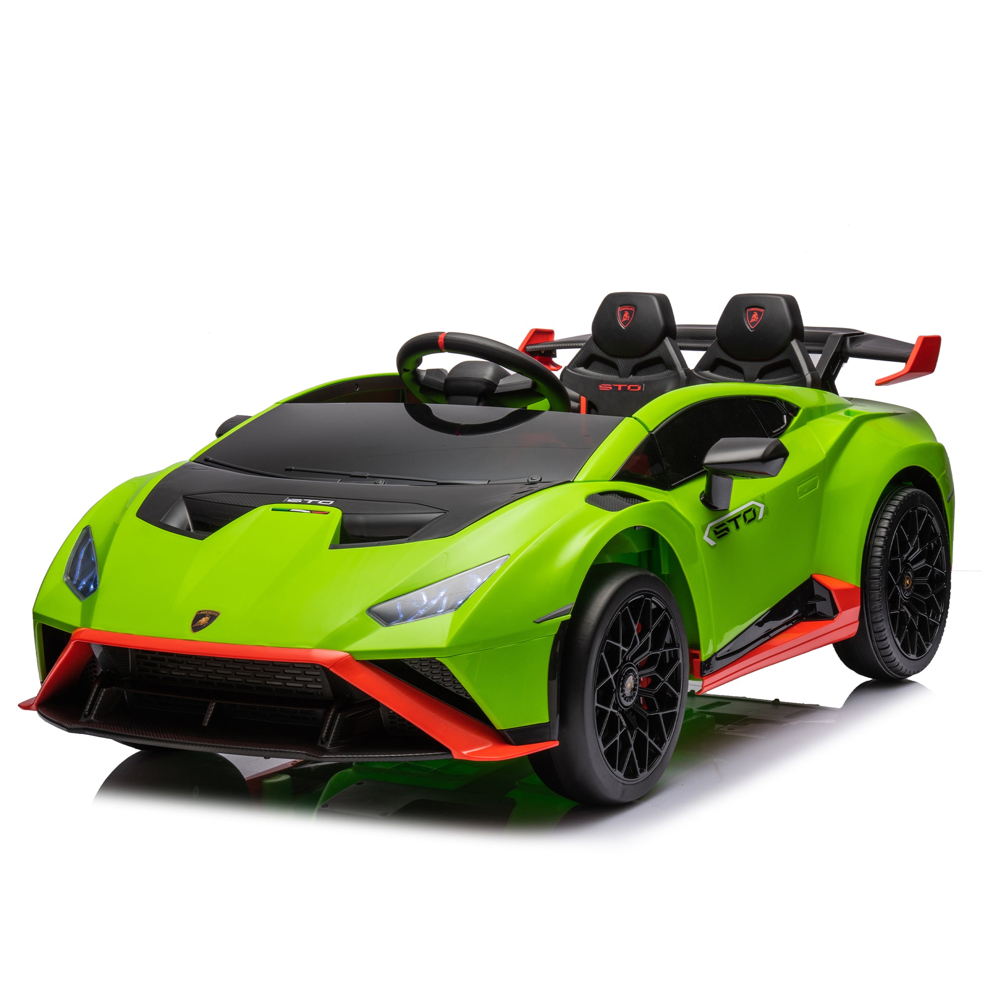 Lamborghini Huracan Sto 24V Kids Electric Ride On Drift Car: Speeds 1.86 5.59 Mph, Ages 3 8, Foam Front Wheels, 360 Spin, Led Lights, Dynamic Music, Early Learning, Usb Port, Drift Feature Green Polypropylene