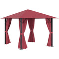 10' X 10' Patio Gazebo Aluminum Frame Outdoor Canopy Shelter With Sidewalls, Vented Roof For Garden, Lawn, Backyard, And Deck, Wine Red Red Aluminium