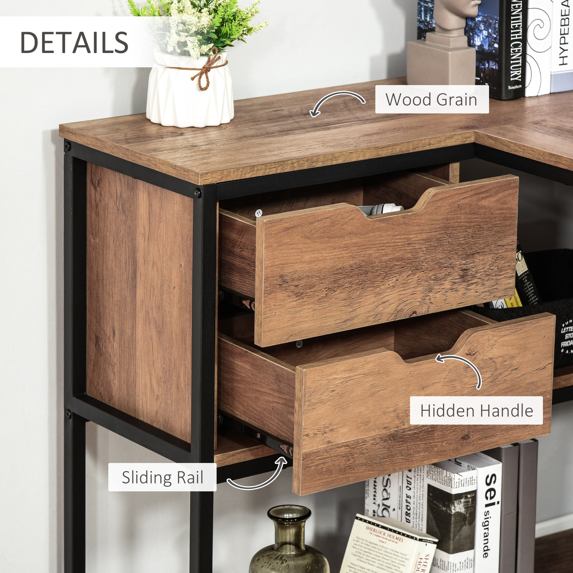 L Shaped Home Offie Computer Desk With Storage Shelves, 2 Dawers And Industrial Steel Frame, Black Brown Brown Mdf