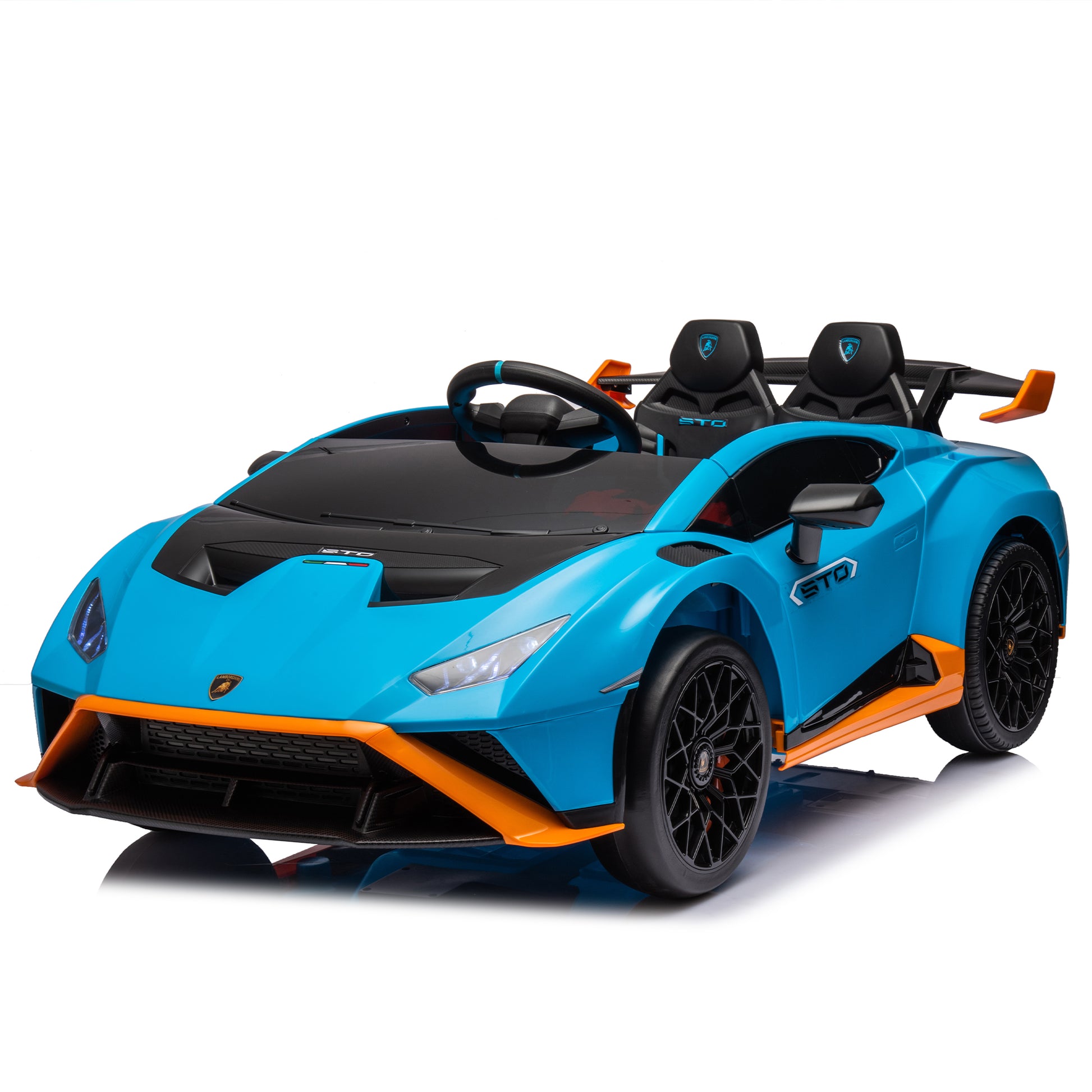 Lamborghini Huracan Sto 24V Kids Electric Ride On Drift Car: Speeds 1.86 5.59 Mph, Ages 3 8, Foam Front Wheels, 360 Spin, Led Lights, Dynamic Music, Early Learning, Usb Port, Drift Feature Blue