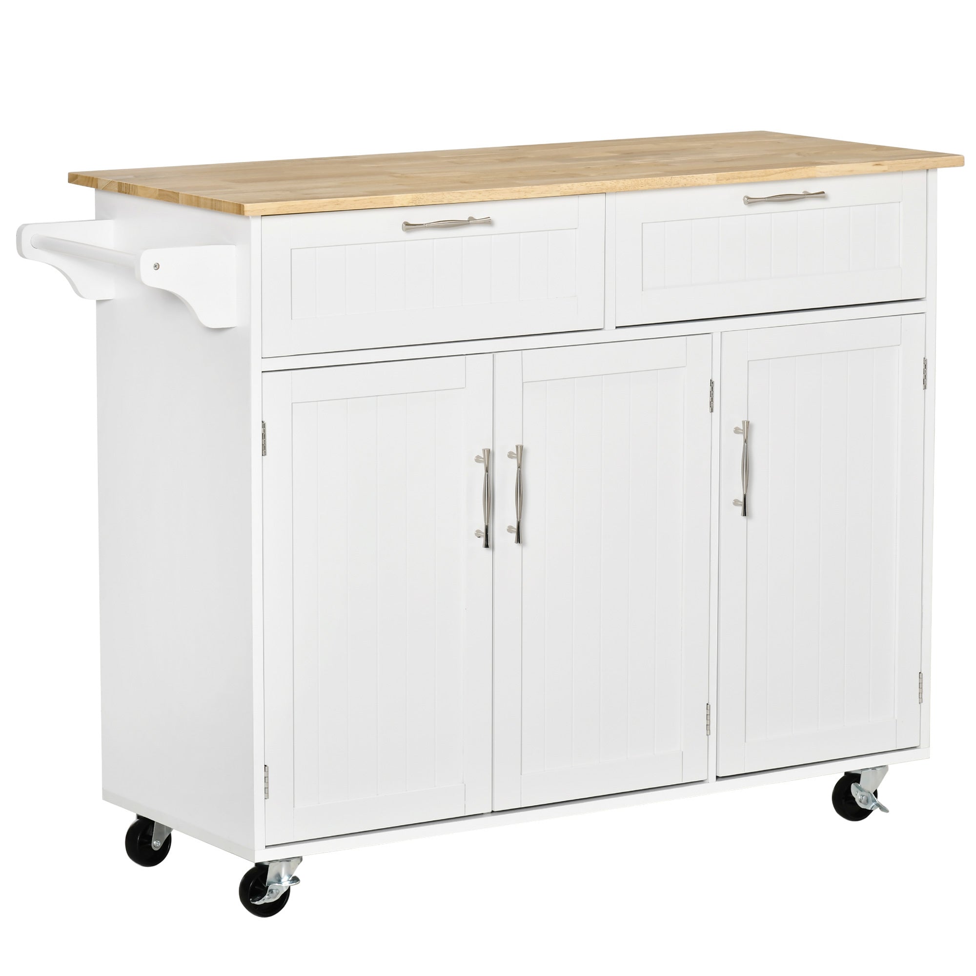 Mobile Kitchen Island With Storage, Kitchen Cart With Wood Top, Storage Drawers, 3 Door Cabinets, Adjustable Shelves And Towel Rack, White White Mdf