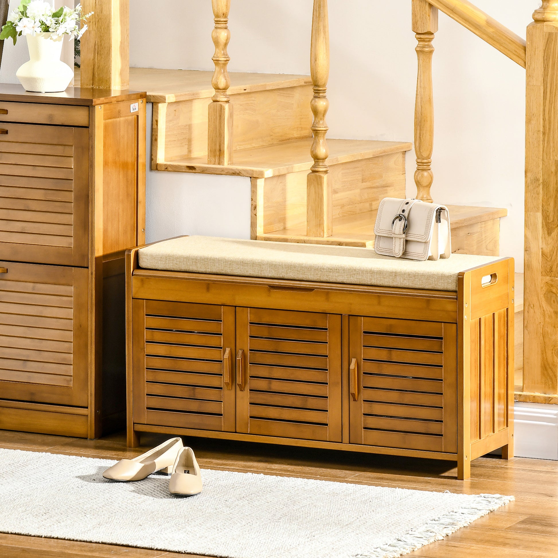 Shoe Bench With Storage Cabinets, Bamboo Entryway Bench With Seating Cushion, 3 Doors And Hidden Compartment For Hallway, Brown Brown Bamboo