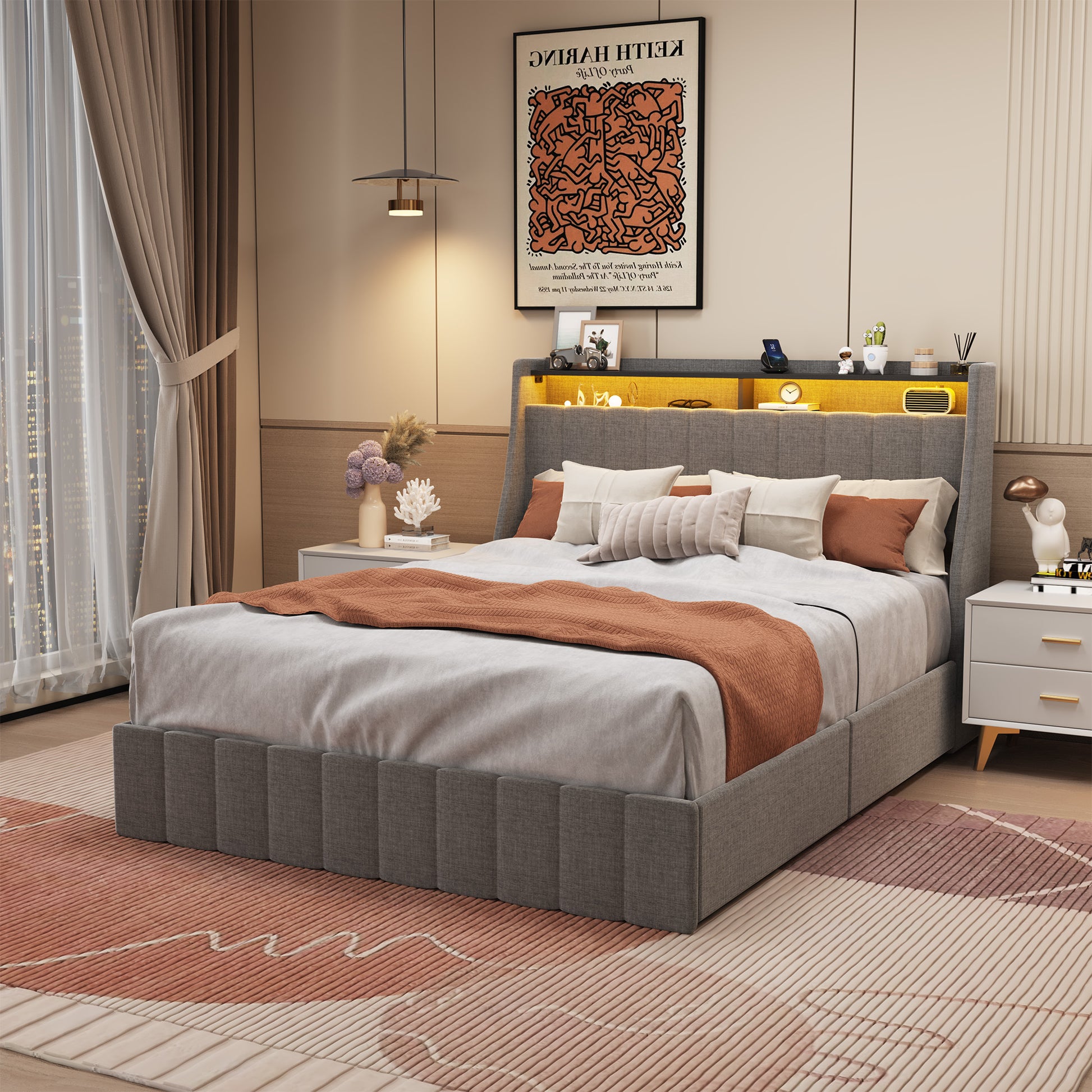 Queen Size Bed Frame With Led, 4 Under Bed Portable Storage Drawers, Wings Headboard Design, Light Grey Box Spring Not Required Queen Light Grey Metal Bedroom Bed Frame Upholstered Linen Upholstered