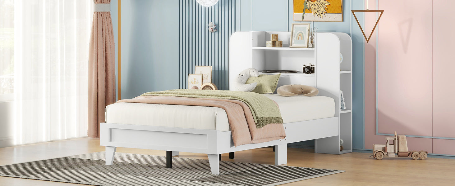 Twin Size Platform Bed With Storage Headboard,Multiple Storage Shelves On Both Sides,White White Wood