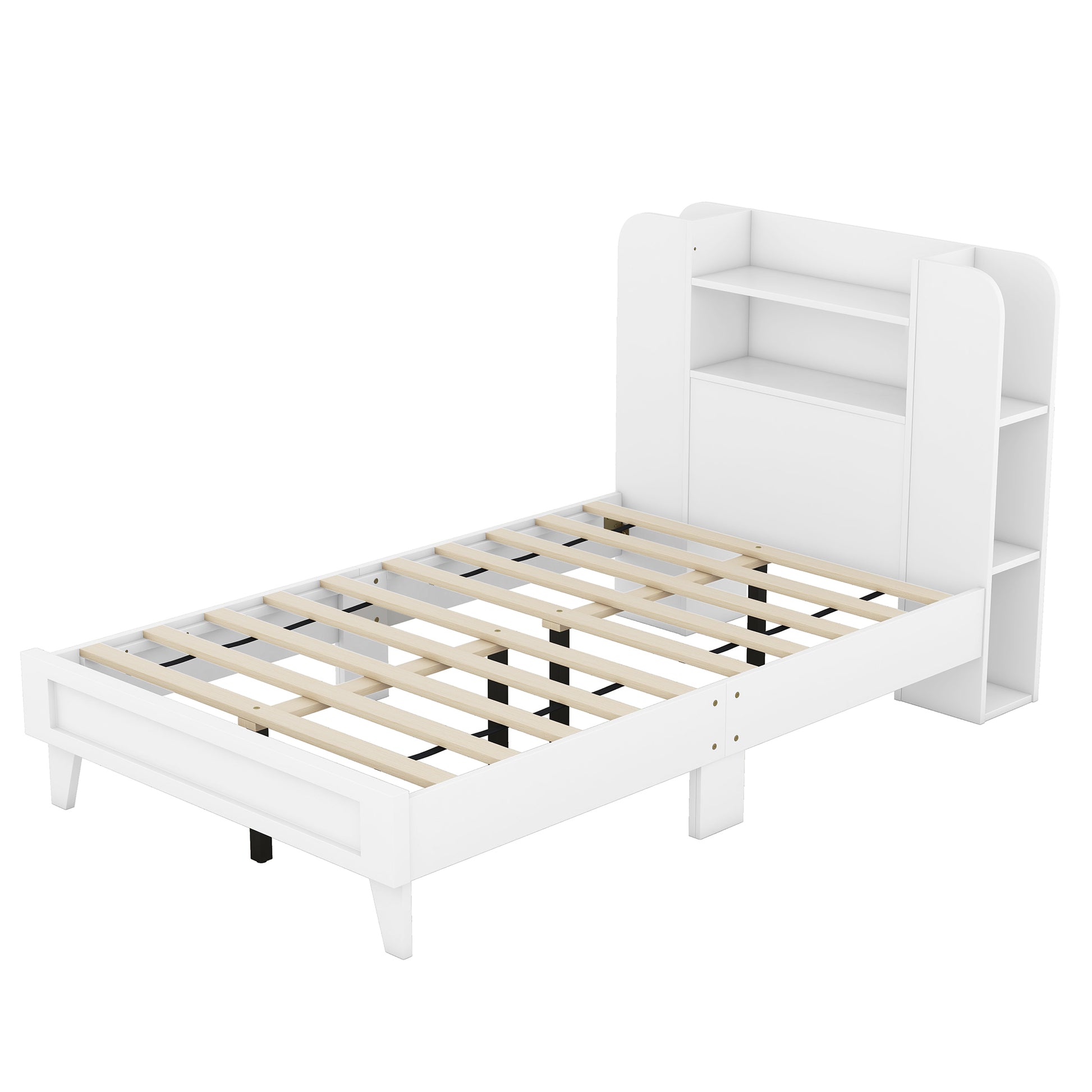 Twin Size Platform Bed With Storage Headboard,Multiple Storage Shelves On Both Sides,White White Wood