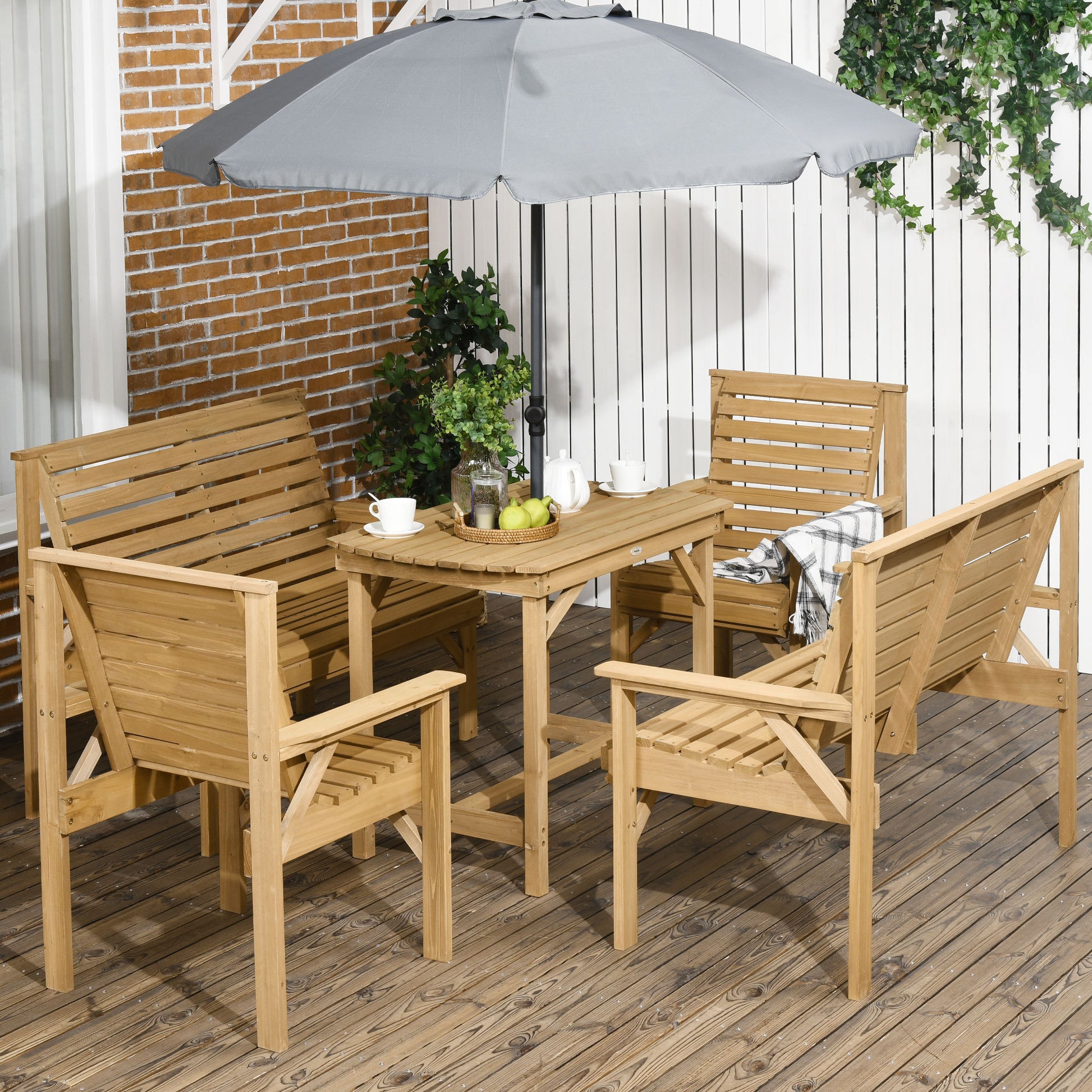 5 Piece Wooden Patio Dining Set For 6, Outdoor Conversation Set With 2 Armchairs, 2 Loveseats, And Dining Table With Umbrella Hole For Backyard, Garden, Light Brown Brown Wood