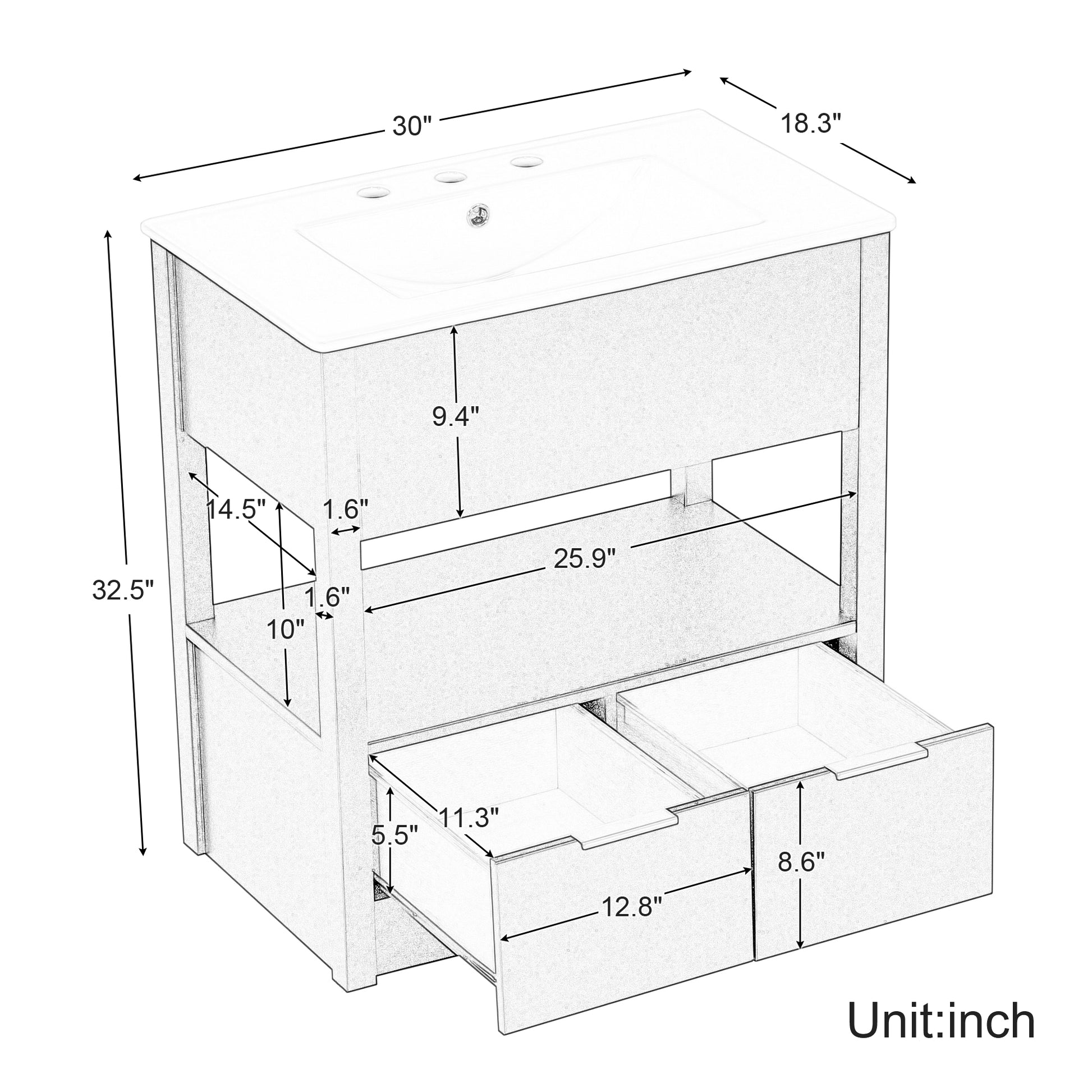30" Bathroom Vanity With Sink Top, Bathroom Cabinet With Open Storage Shelf And Two Drawers, One Package, Natural Old Sku:Wf311619Aad Natural Solid Wood Mdf