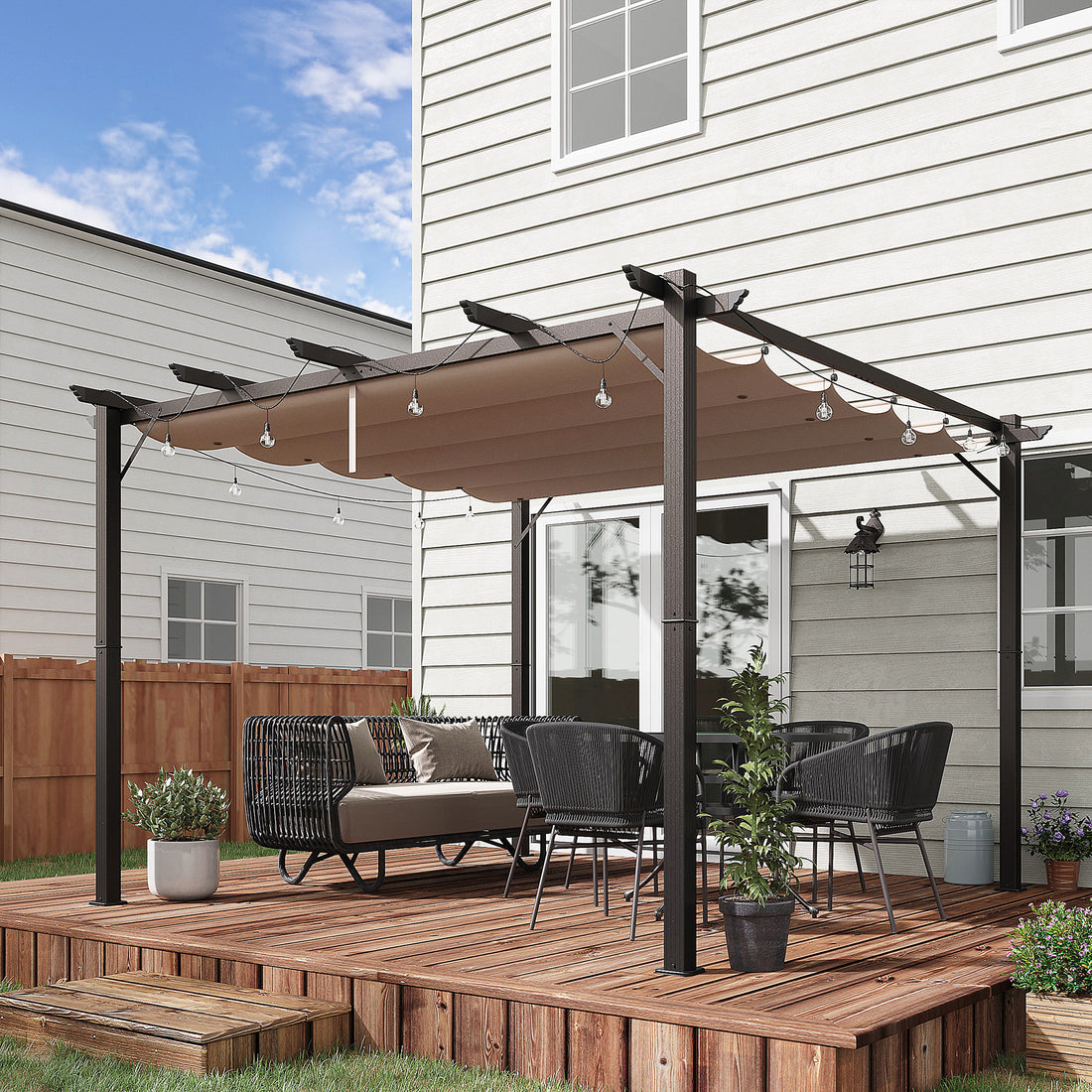 10' X 10' Outdoor Retractable Pergola Canopy, Aluminum Patio Pergola, Backyard Shade Shelter For Porch Party, Garden, Grill Gazebo Brown Brown Aluminium