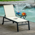 Outdoor Lounge Chair, Patio Lounger With 5 Position Reclining Backrest And 2 Wheels For Poolside, Beach, Lawn, Cream White White Steel