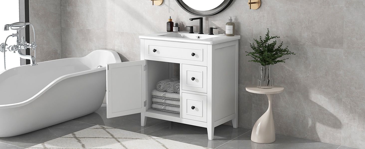 30" Bathroom Vanity With Sink Top, Bathroom Vanity Cabinet With Door And Two Drawers, Solid Wood Frame, One Package, White Old Sku:Wf311620Aak White Solid Wood Mdf