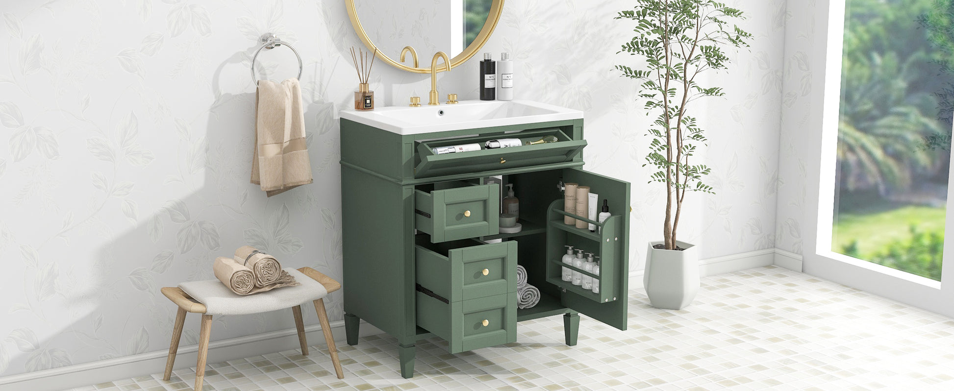 30'' Bathroom Vanity With Top Sink, Modern Bathroom Storage Cabinet With 2 Drawers And A Tip Out Drawer, Single Sink Bathroom Vanity Same As Sw000103Aaf Green Mdf