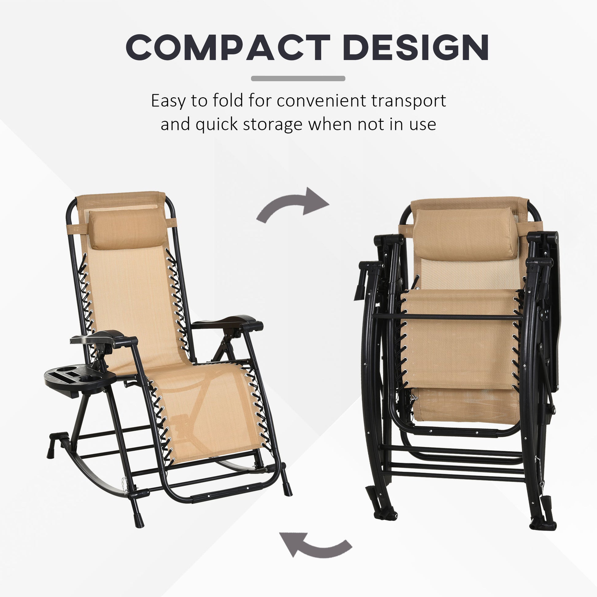 Outsunny Outdoor Rocking Chairs, Foldable Reclining Zero Gravity Lounge Rocker W Pillow, Cup & Phone Holder, Combo Design W Folding Legs, Beige Beige Steel
