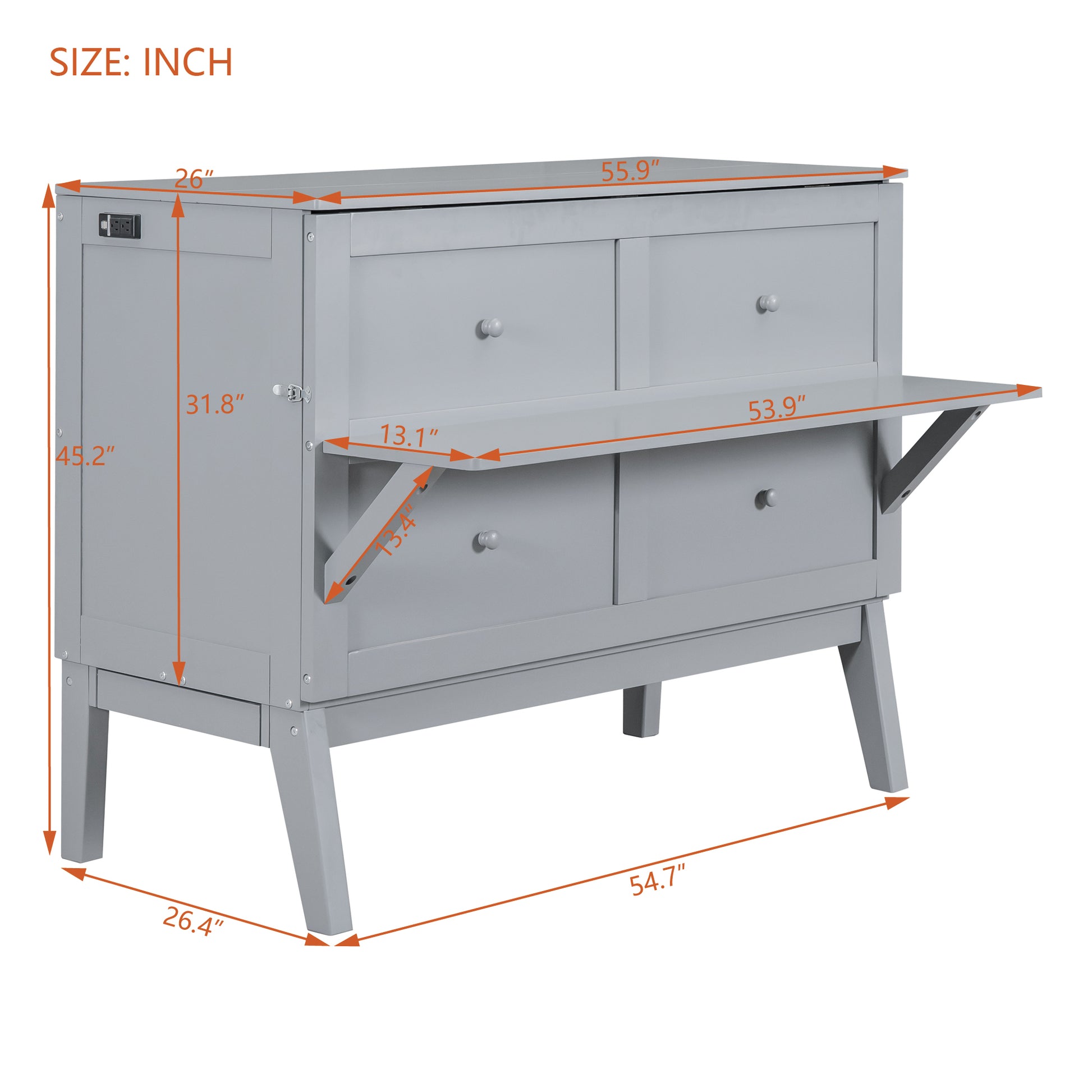 Full Size Murphy Bed With Usb Port And Removable Shelves On Each Side,Gray Gray Solid Wood Mdf