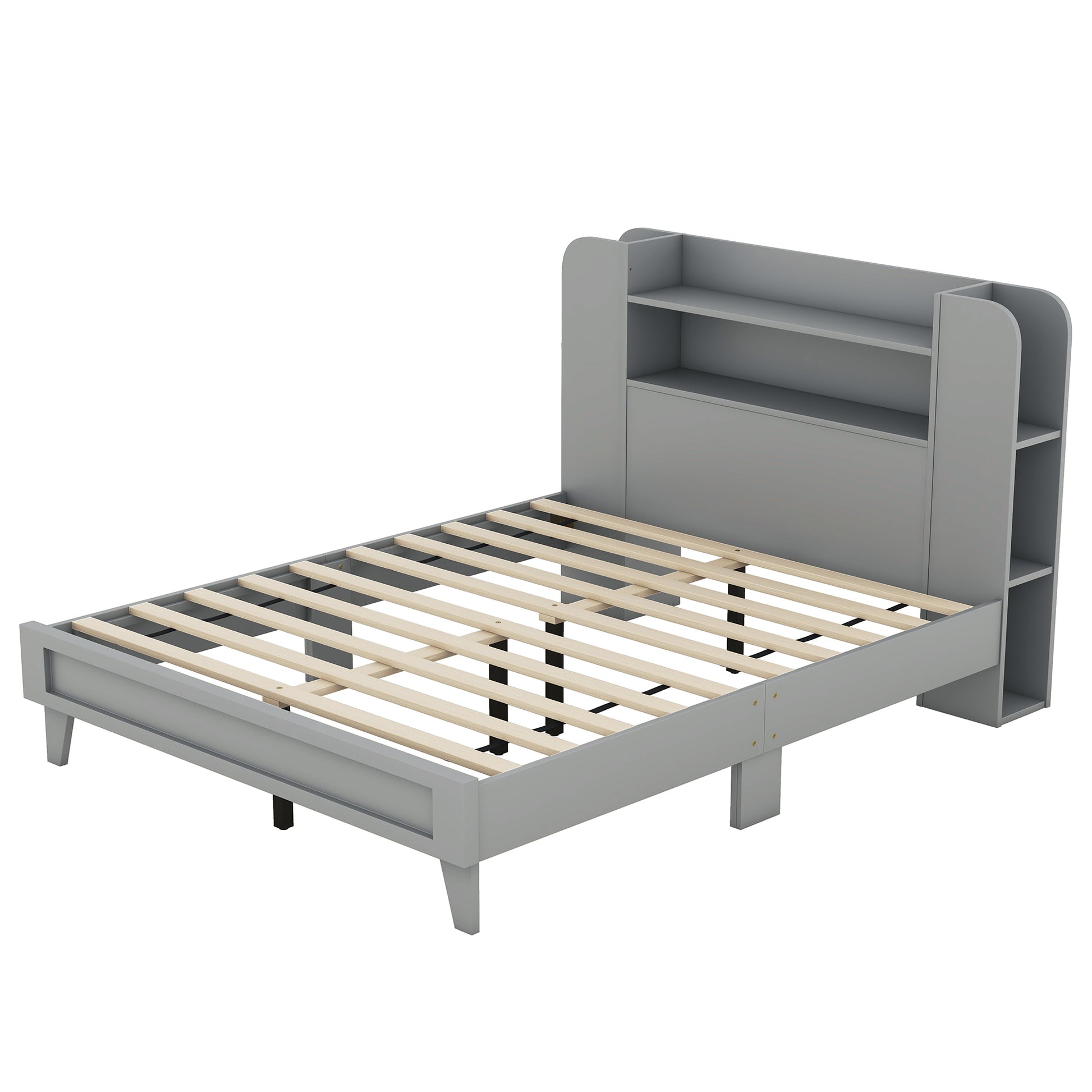 Full Size Platform Bed With Storage Headboard,Multiple Storage Shelves On Both Sides,Grey Grey Wood