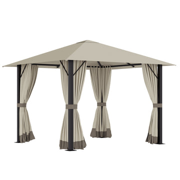 10' X 10' Patio Gazebo Aluminum Frame Outdoor Canopy Shelter With Sidewalls, Vented Roof For Garden, Lawn, Backyard, And Deck, Khaki Brown Aluminium