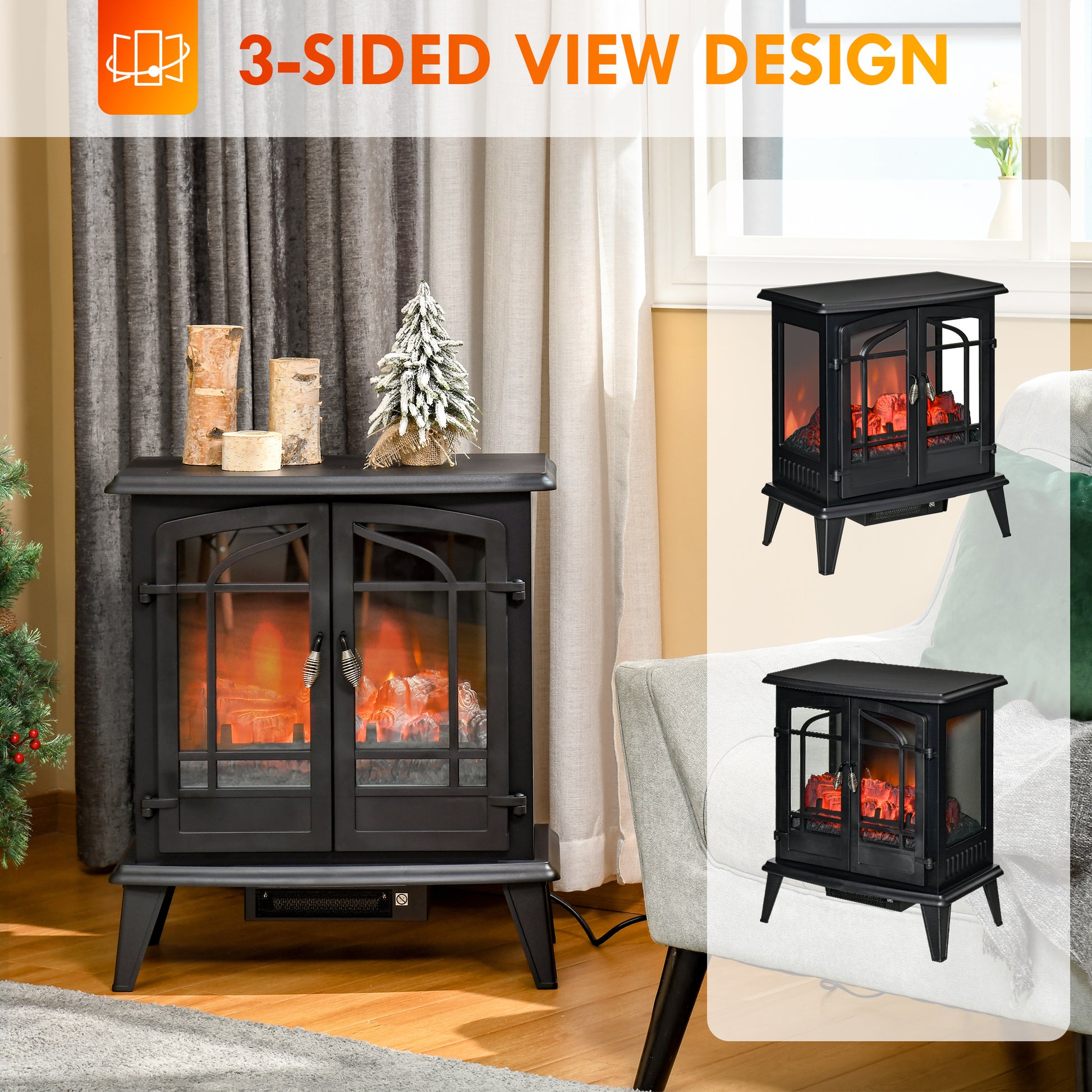 29" Electric Fireplace Heater, Freestanding Fire Place Stove With Realistic Led Log Flames And Overheating Safety Protection, 1400W, Black Black Steel