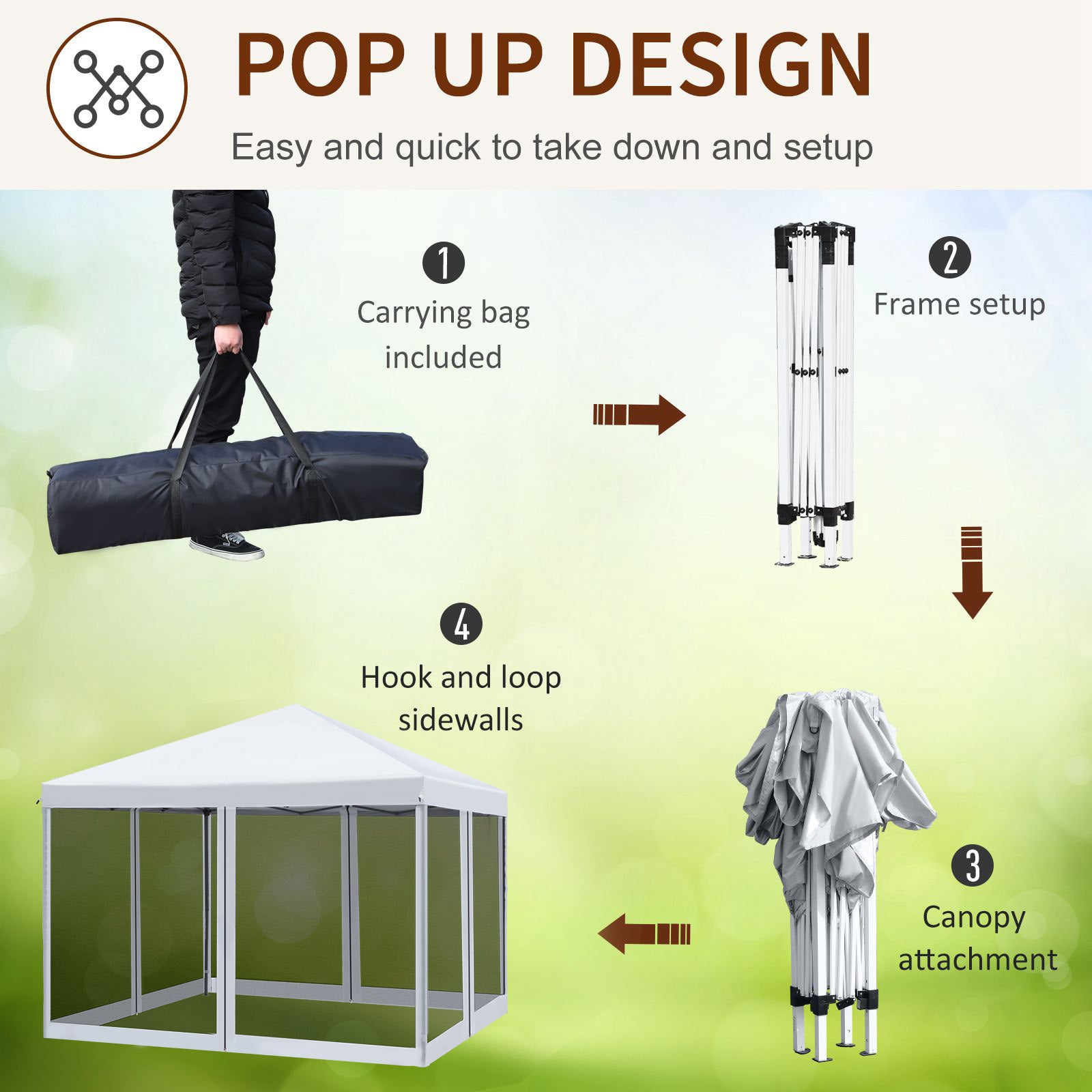 10' X 10' Pop Up Canopy Tent With Netting, Instant Gazebo, Ez Up Screen House Room With Carry Bag, Height Adjustable, For Outdoor, Garden, Patio, Cream White White Steel