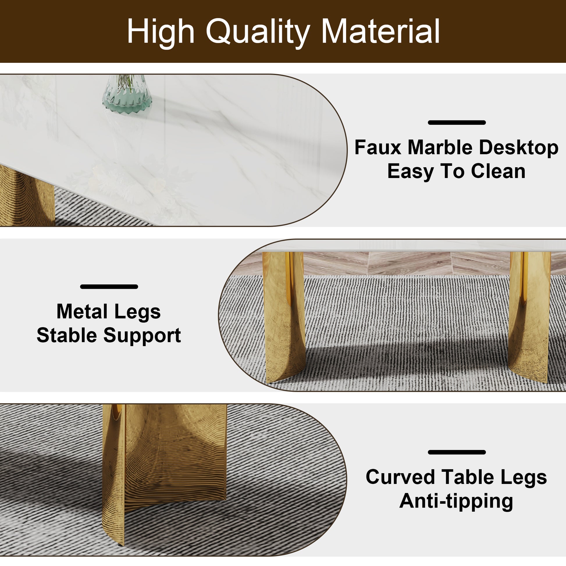 Modern Minimalist Dining Table. The White Imitation Marble Glass Desktop Is Equipped With Golden Metal Legs. Suitable For Restaurants And Living Rooms 71 "* 39.3" * 29.5 "Dt 69 White Glass