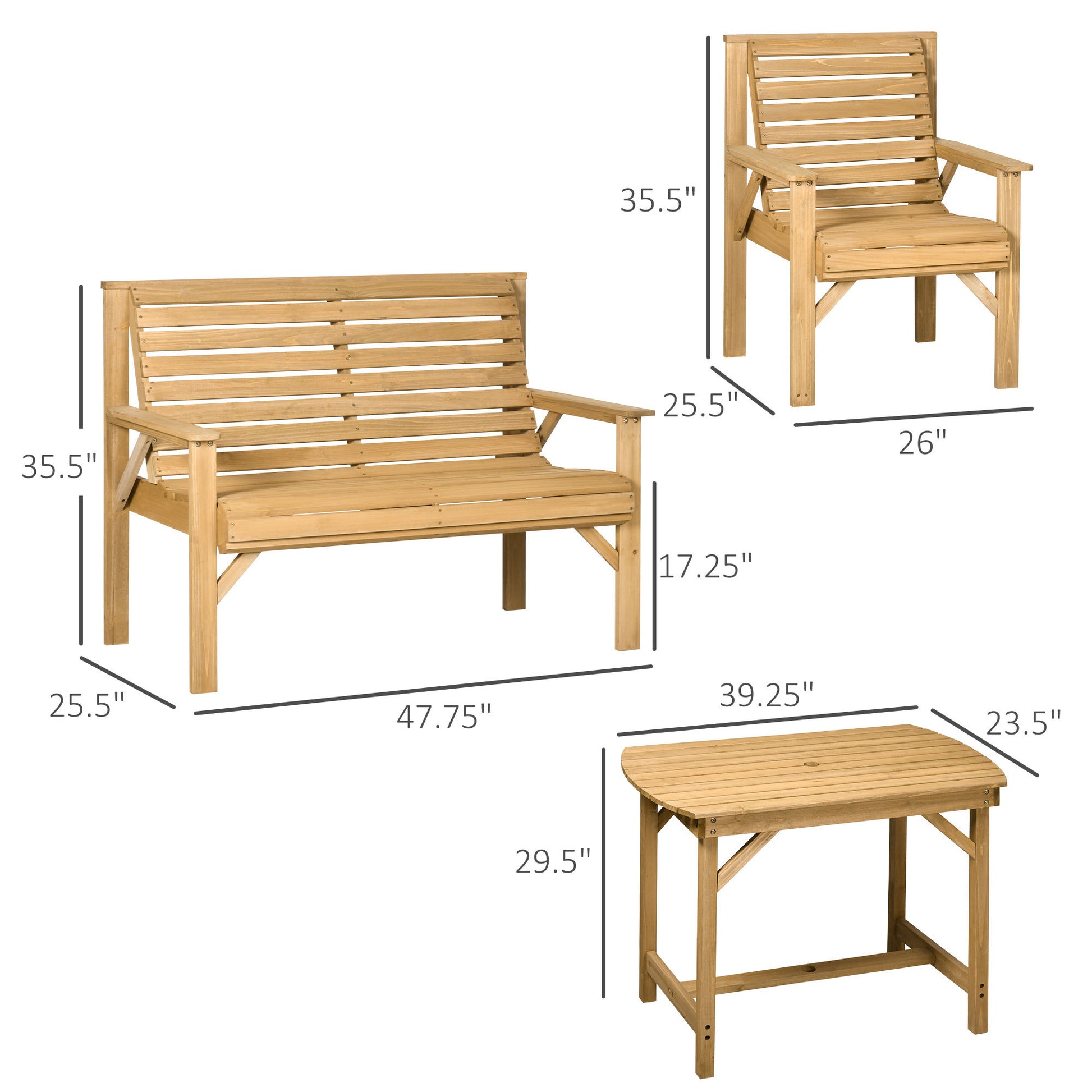 5 Piece Wooden Patio Dining Set For 6, Outdoor Conversation Set With 2 Armchairs, 2 Loveseats, And Dining Table With Umbrella Hole For Backyard, Garden, Light Brown Brown Wood