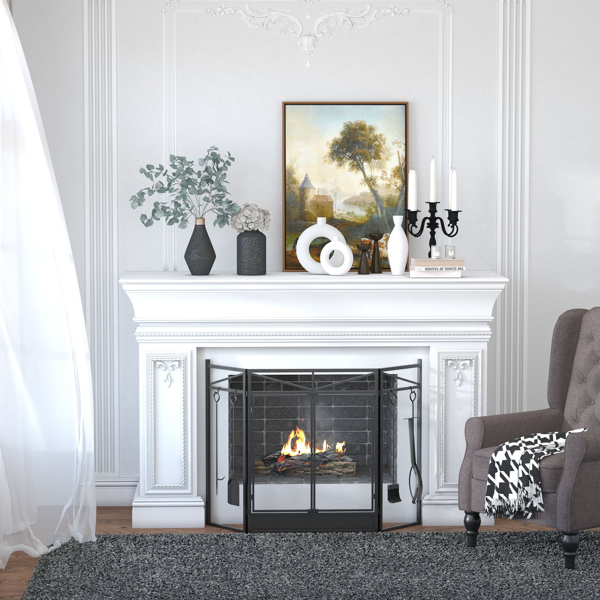 3 Panel Folding Fireplace Screen With 2 Magnetic Doors And Fire Place Tools Set, Fire Spark Guard For Wood Burning, With Brush, Shovel, Poker, Firewood Tongs, 48" X 0.75", Black Black Steel