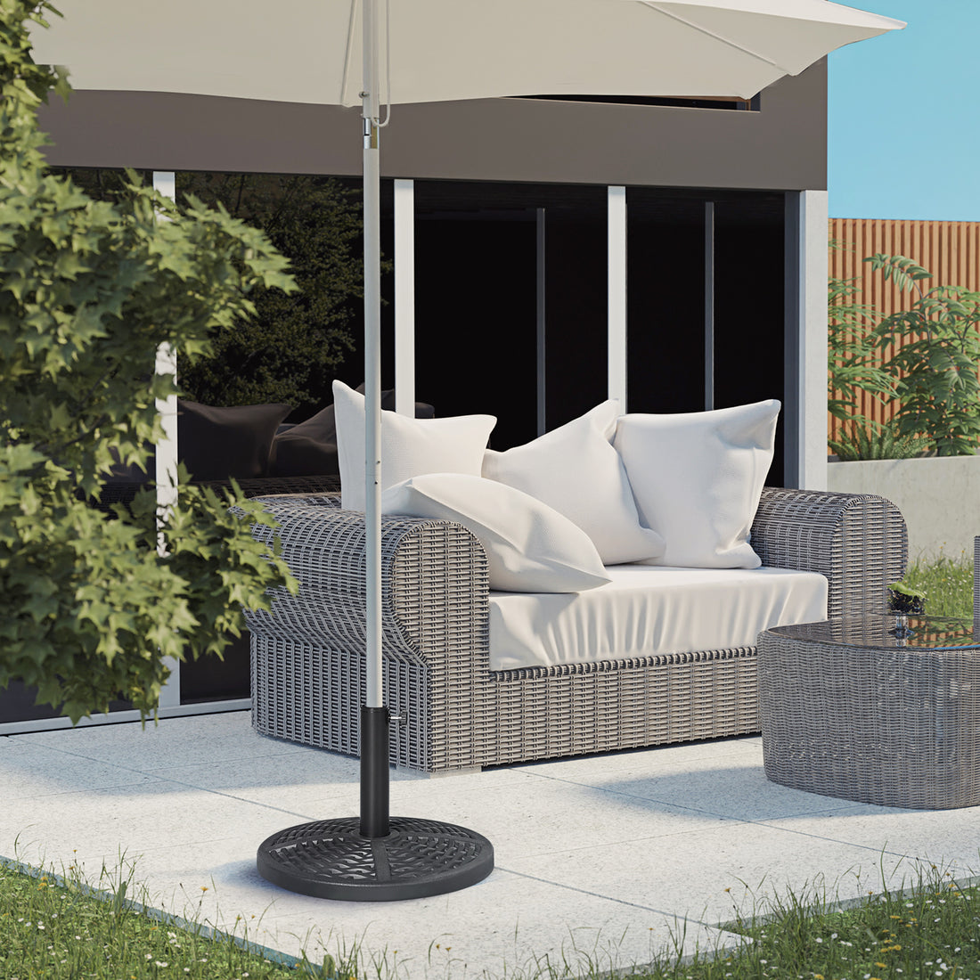 21 Lbs. Market Umbrella Base Holder 18" Heavy Duty Round Parasol Stand With Rattan Design For Patio, Black Black Steel