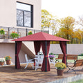 10' X 10' Patio Gazebo Aluminum Frame Outdoor Canopy Shelter With Sidewalls, Vented Roof For Garden, Lawn, Backyard, And Deck, Wine Red Red Aluminium