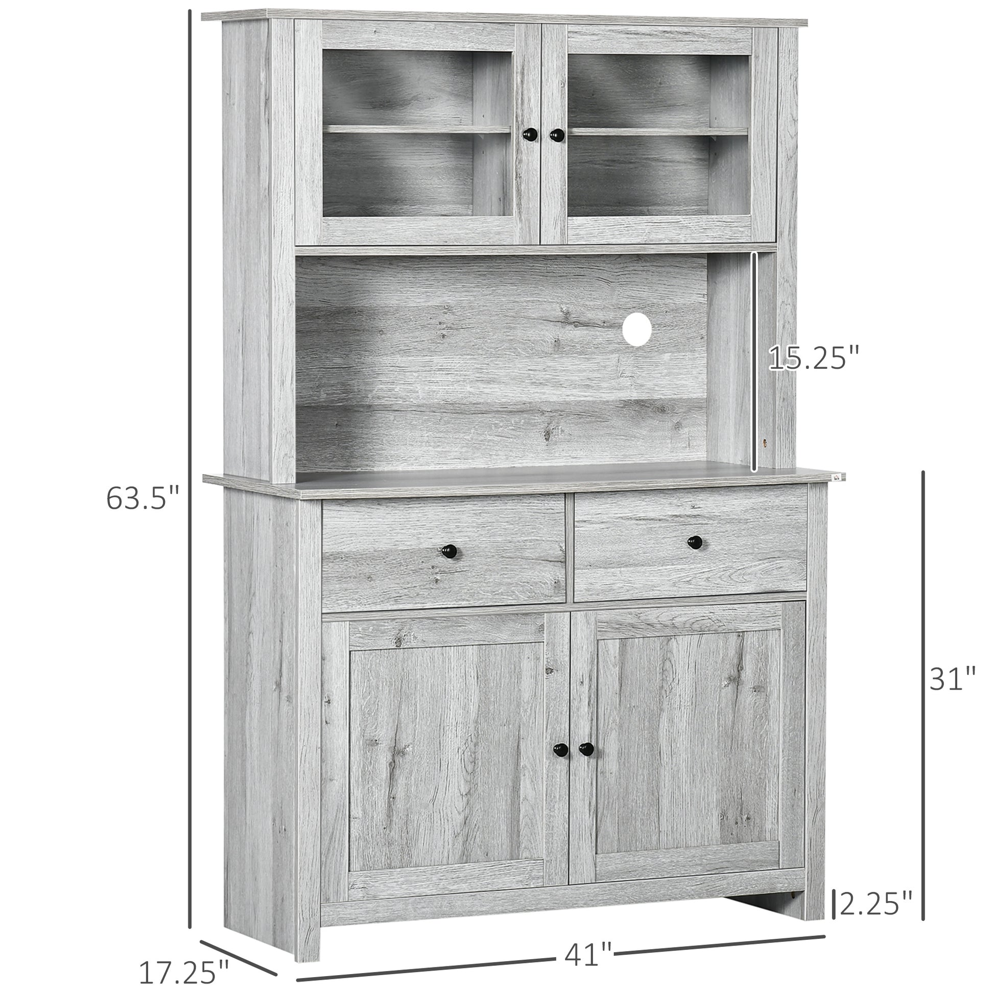 63.5" Kitchen Buffet With Hutch, Pantry Storage Cabinet With 4 Shelves, Drawers, Framed Glass Doors, Open Microwave Countertop, Ash Grey Grey Engineered Wood