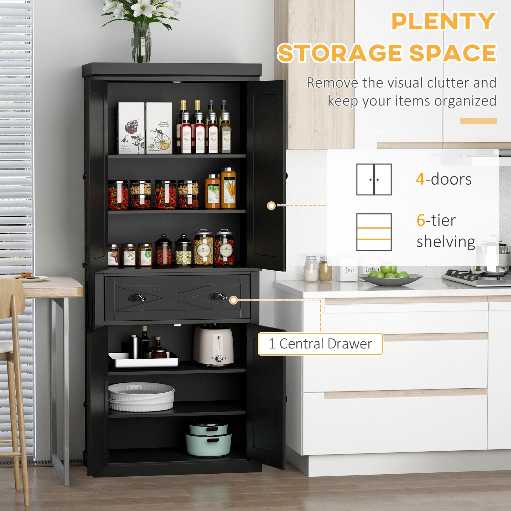 Freestanding Modern Farmhouse 4 Door Kitchen Pantry Cabinet, Storage Cabinet Organizer With 6 Tiers, 1 Drawer And 4 Adjustable Shelves, Black Black Mdf