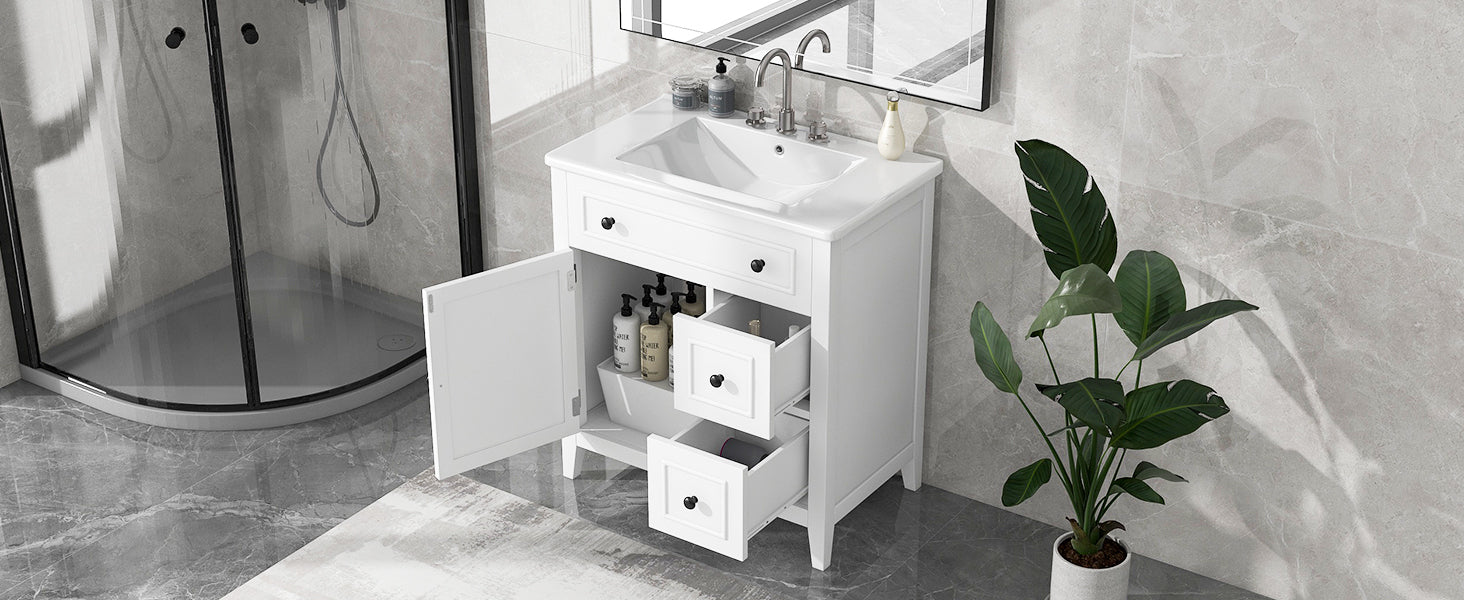 30" Bathroom Vanity With Sink Top, Bathroom Vanity Cabinet With Door And Two Drawers, Solid Wood Frame, One Package, White Old Sku:Wf311620Aak White Solid Wood Mdf