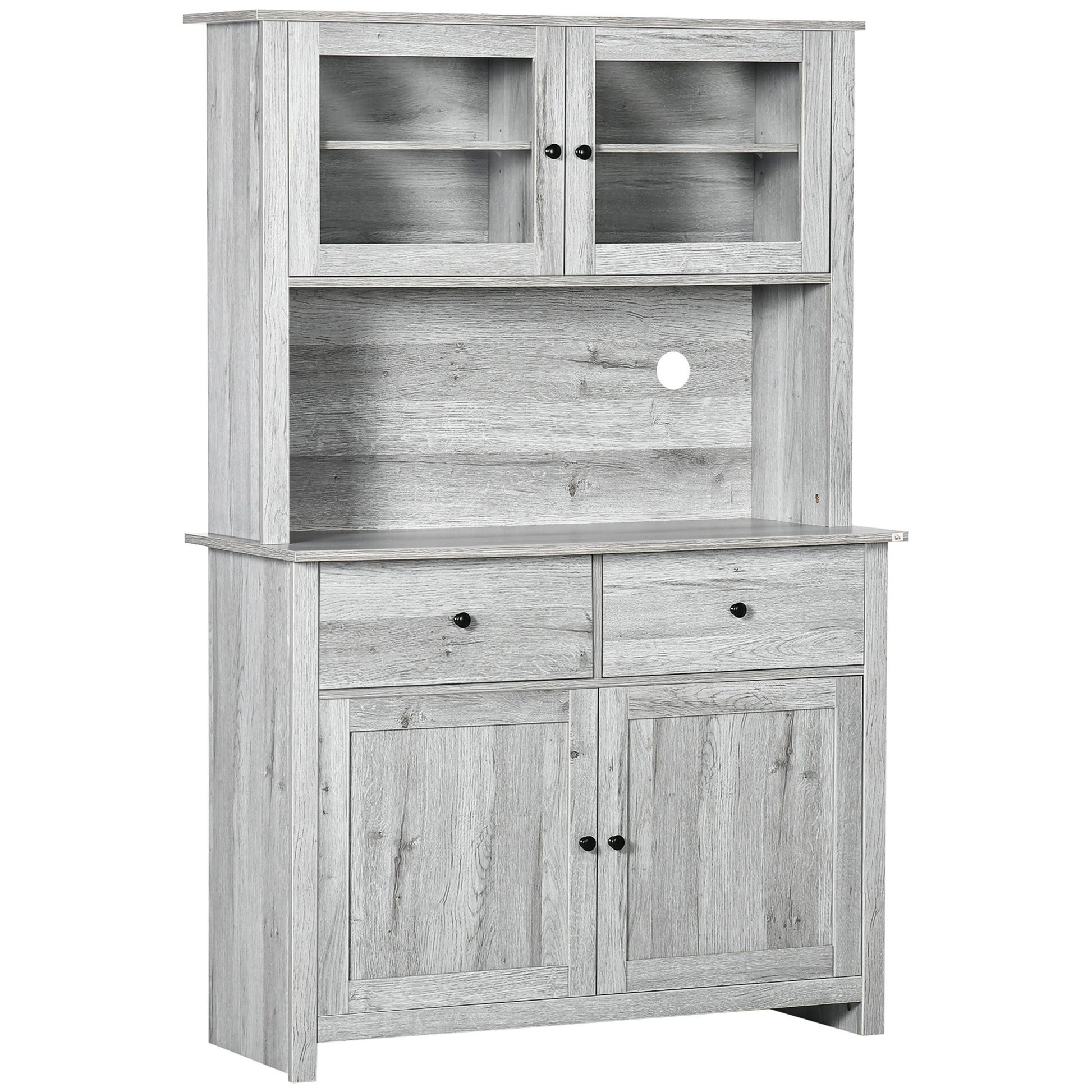 63.5" Kitchen Buffet With Hutch, Pantry Storage Cabinet With 4 Shelves, Drawers, Framed Glass Doors, Open Microwave Countertop, Ash Grey Grey Engineered Wood