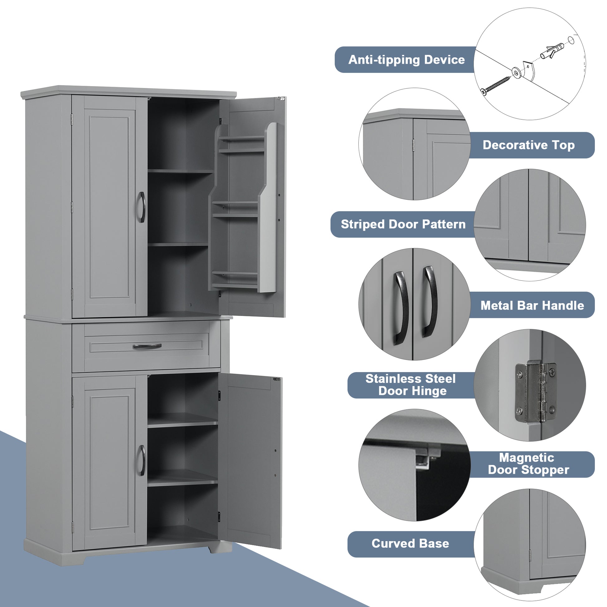 Bathroom Storage Cabinet With Doors And Drawer, Multiple Storage Space, Adjustable Shelf, Grey Grey Mdf