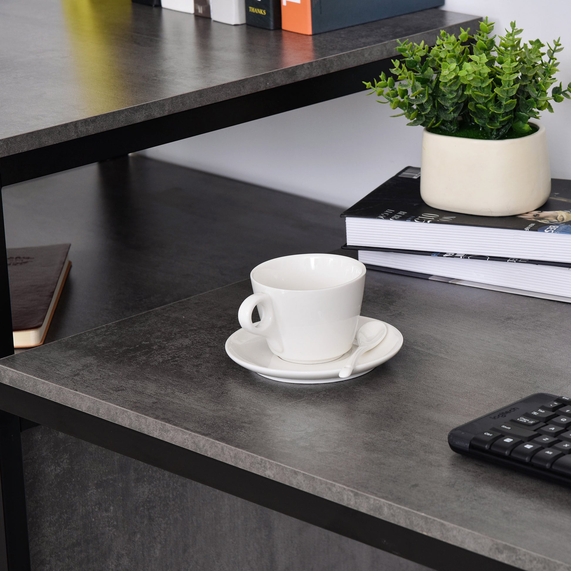68 Inch Office Table Computer Desk Workstation Bookshelf With Cpu Stand, Spacious Storage Shelves & Chic Modern Woodgrain Design, Grey Grey Engineered Wood