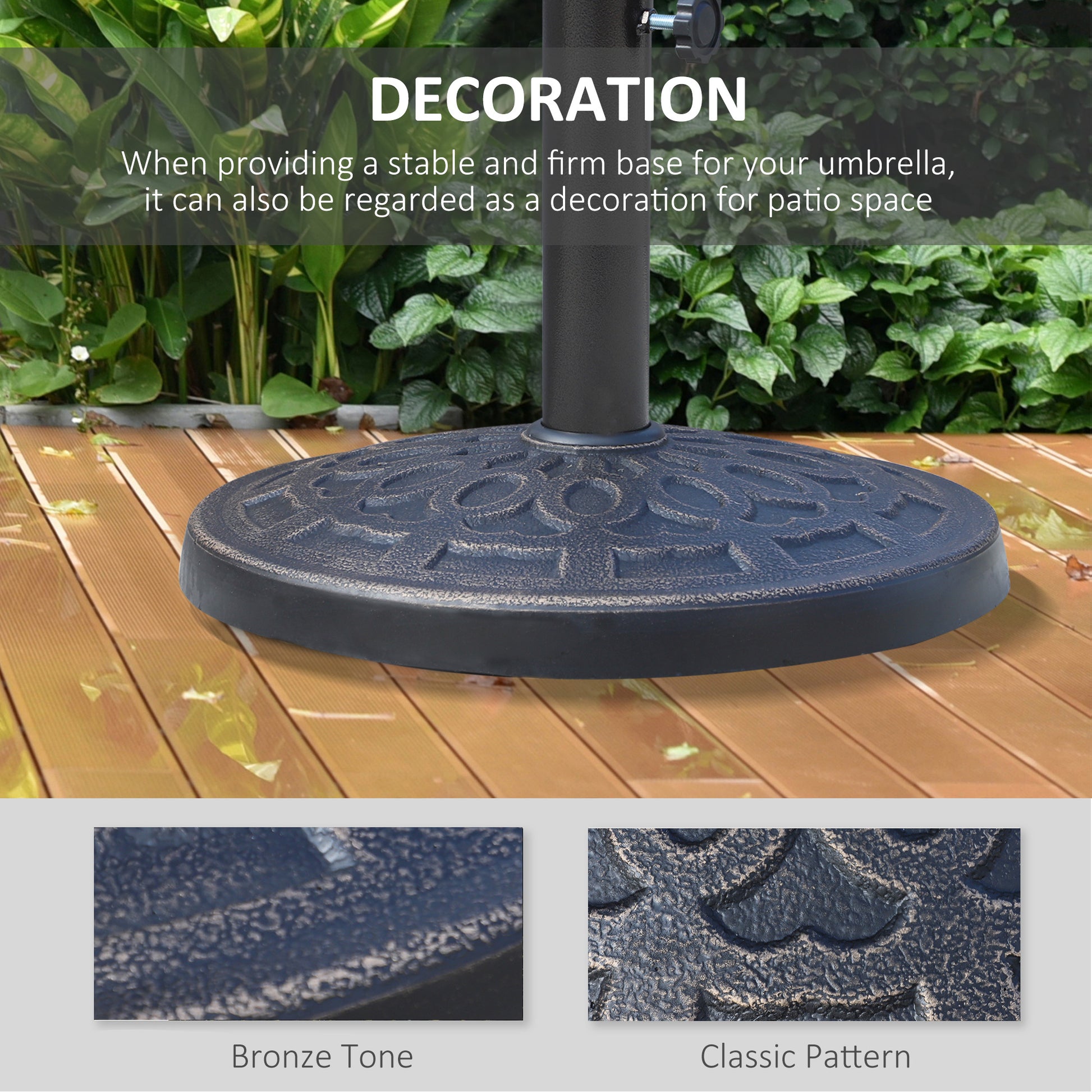 17" 26 Lbs Round Resin Umbrella Base Stand Market Parasol Holder With Beautiful Decorative Pattern & Easy Setup, For 1.5", 1.89" Pole, For Lawn, Deck, Backyard, Garden, Bronze Bronze Stone